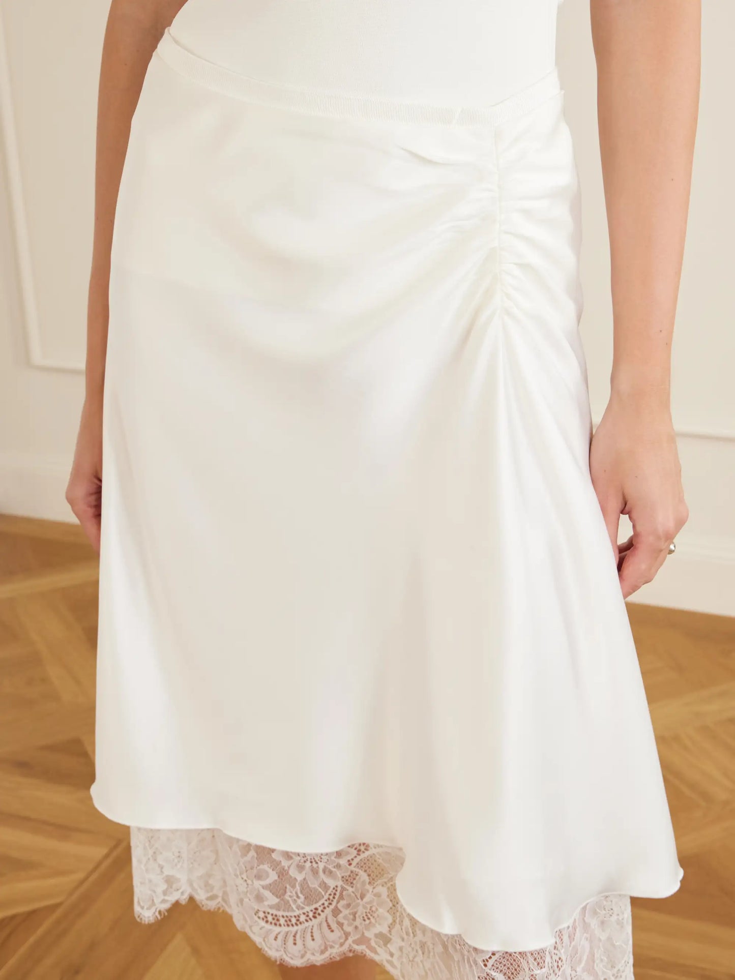Ingrid Layered Gathered Lace-trimmed Satin Midi Skirt