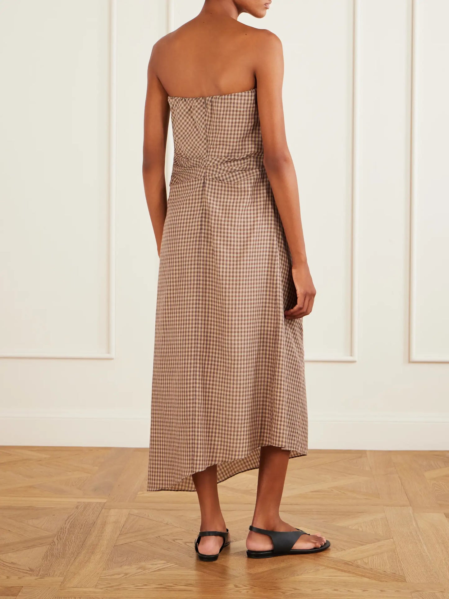 Sleeveless Knot-detailed Draped Checked Cotton Midi Dress