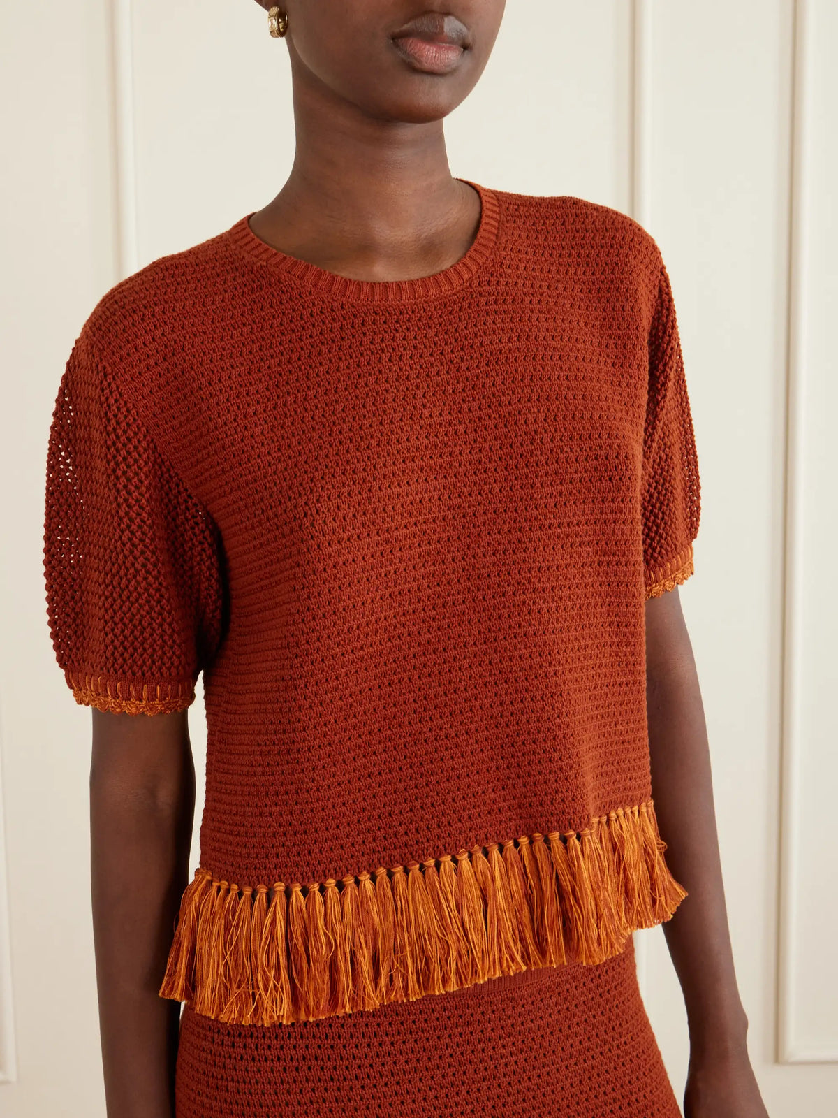 ESCVDO Amada Fringed Crocheted Cotton T-shirt
