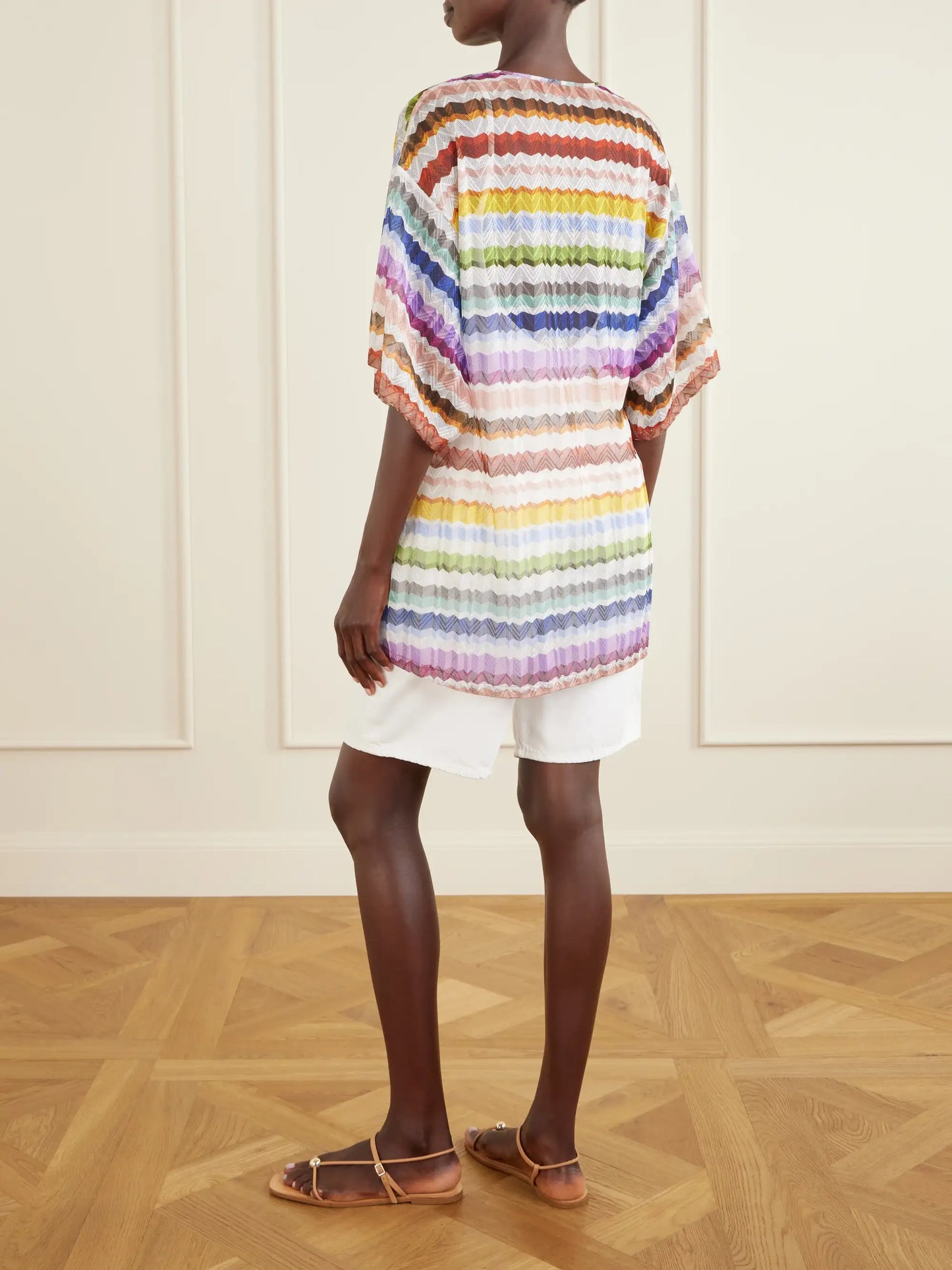 Lace-up Striped Metallic Crochet-knit Coverup