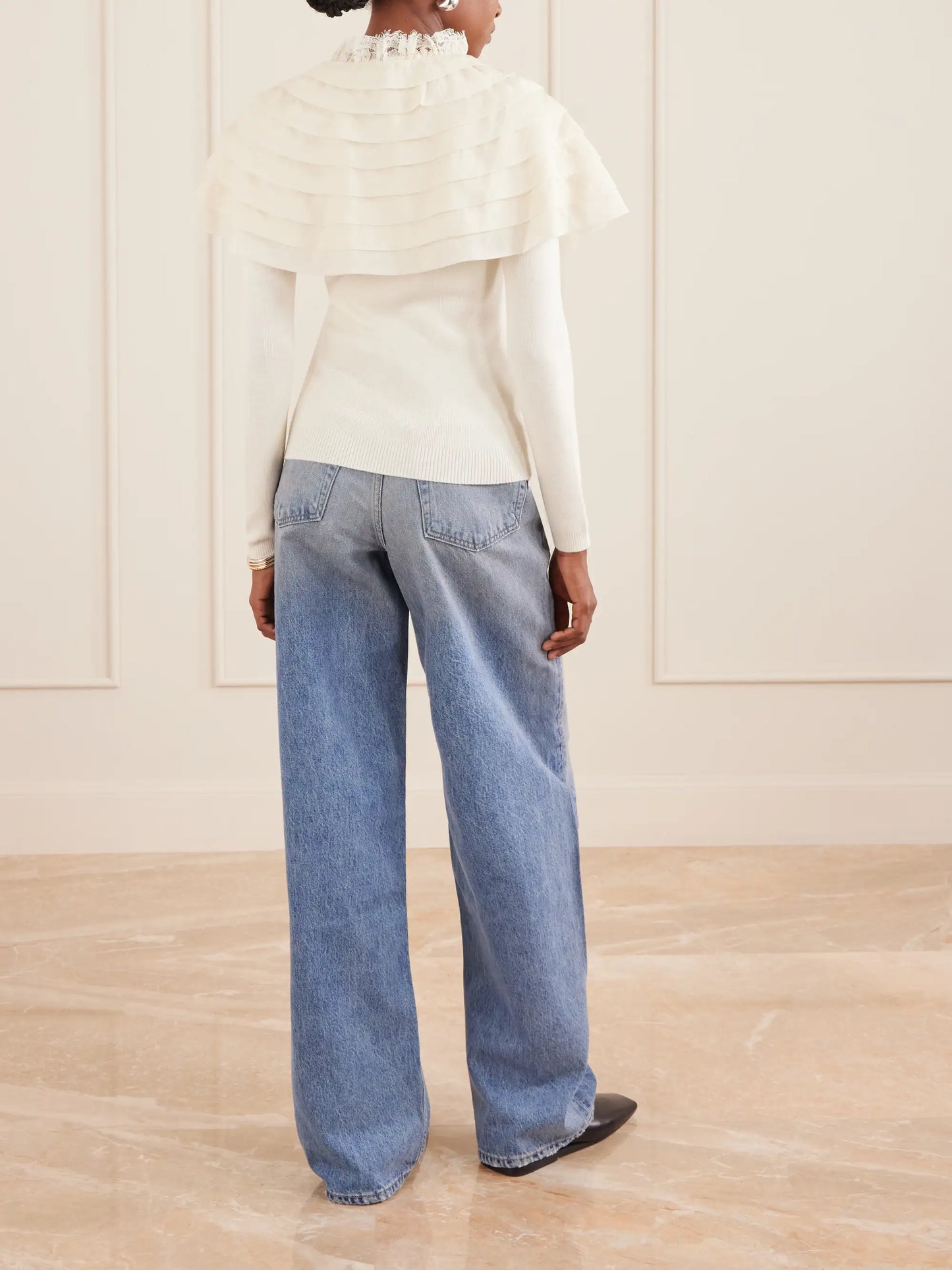 Wanda Ruffled Lace And Brocade-trimmed Wool Cardigan