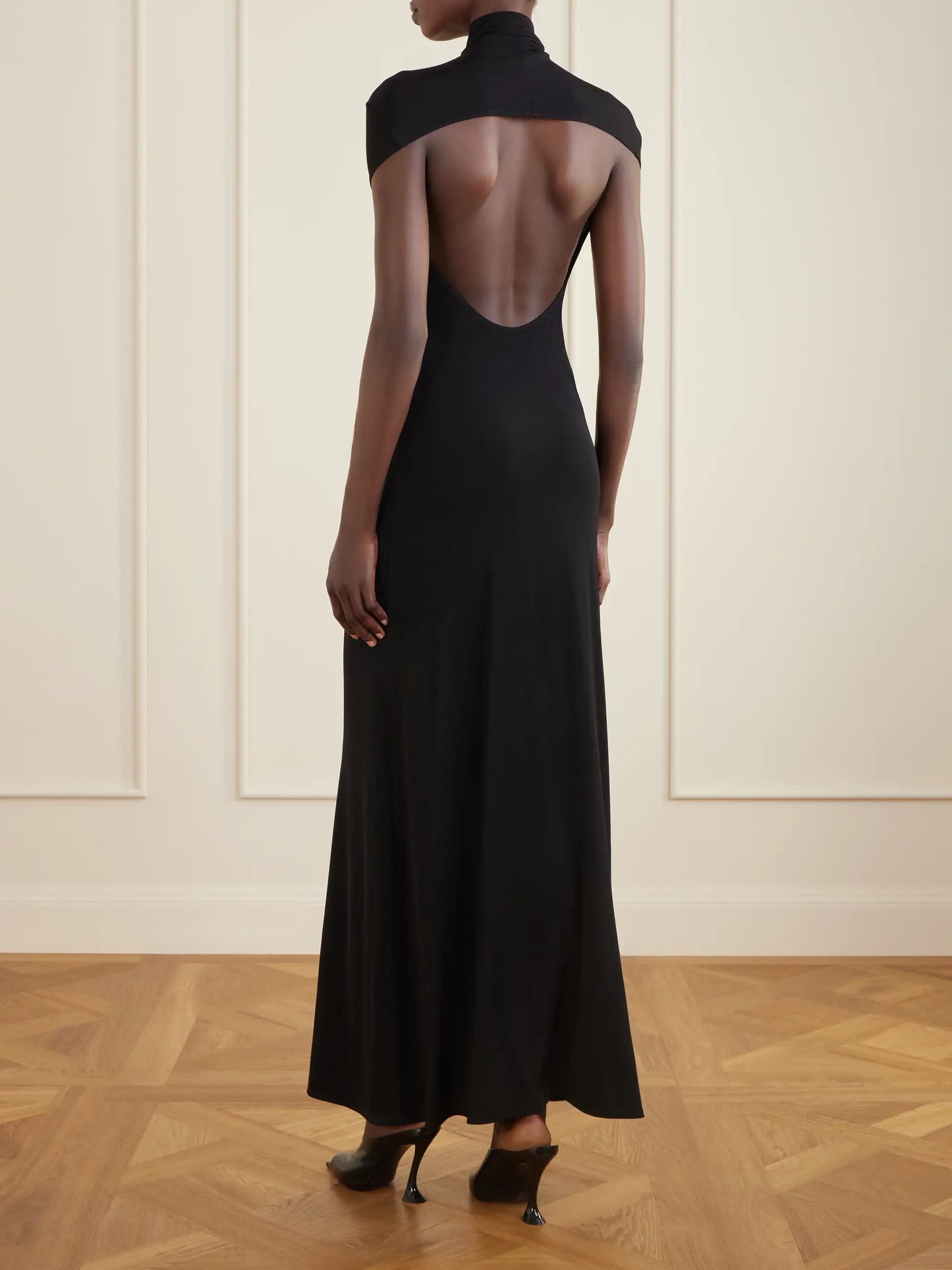 Open-back Jersey Turtleneck Gown