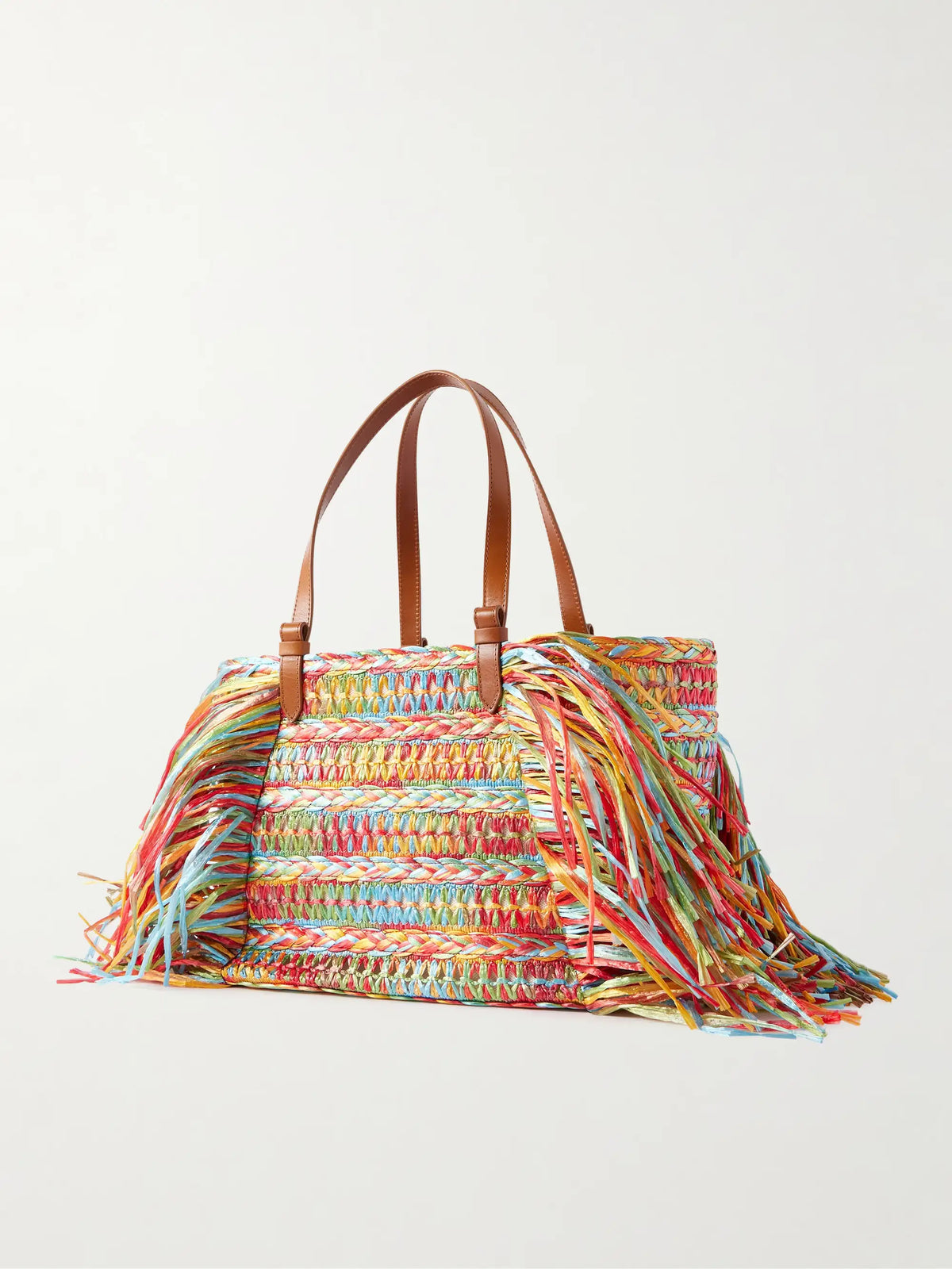 Trancoso Fringed Embellished Leather-trimmed Woven Raffia Tote