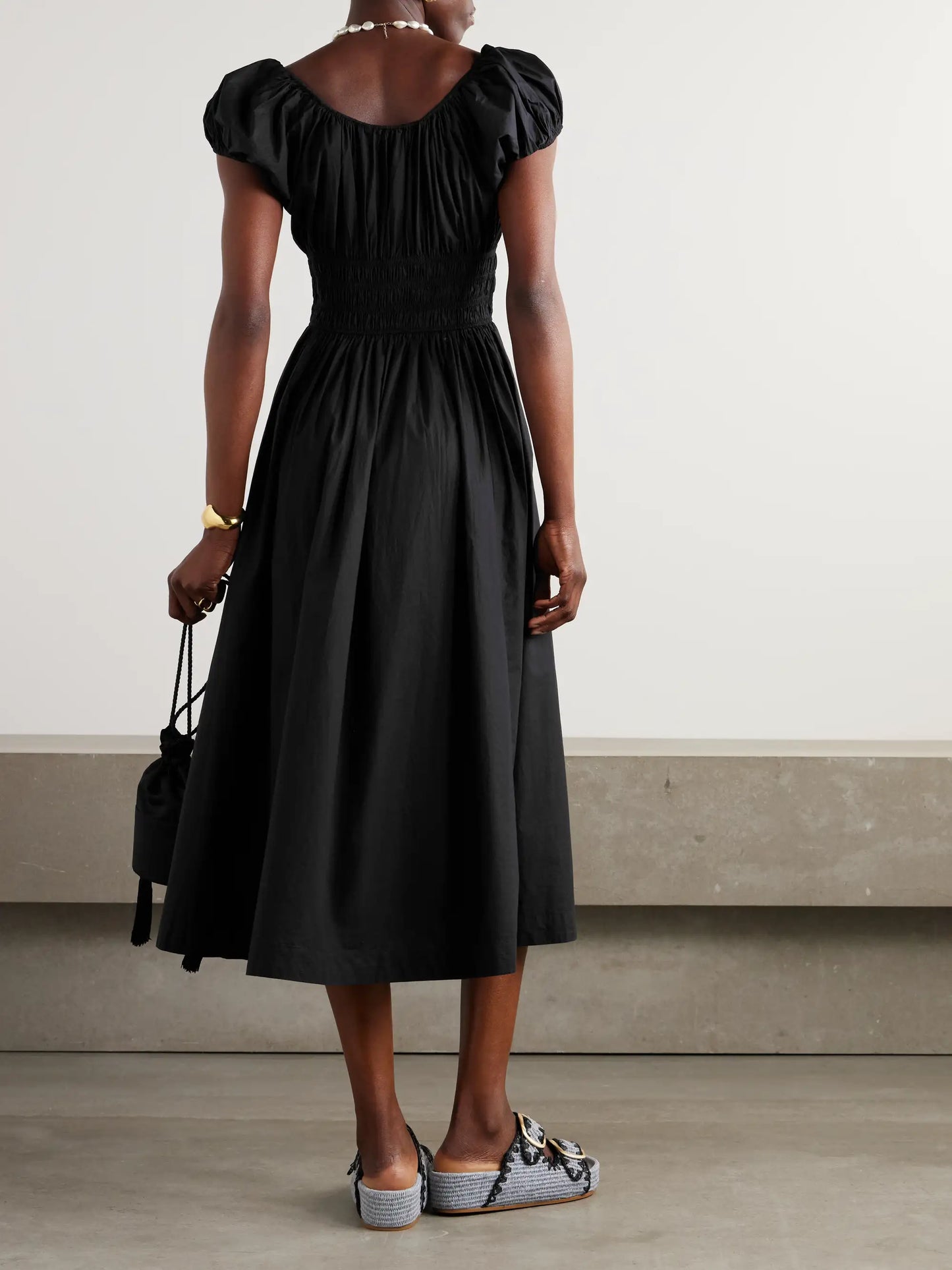 Quinn Tie-detailed Shirred Organic Cotton-poplin Midi Dress