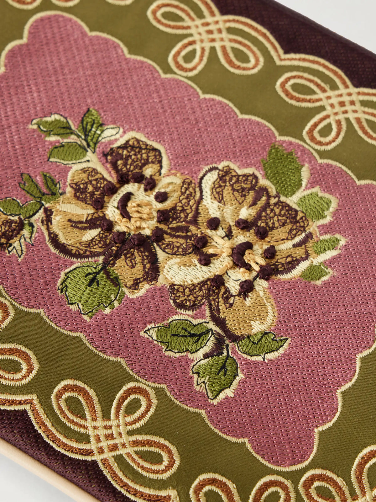 ALÉMAIS Lacey Embroidered Leather-trimmed Satin Clutch