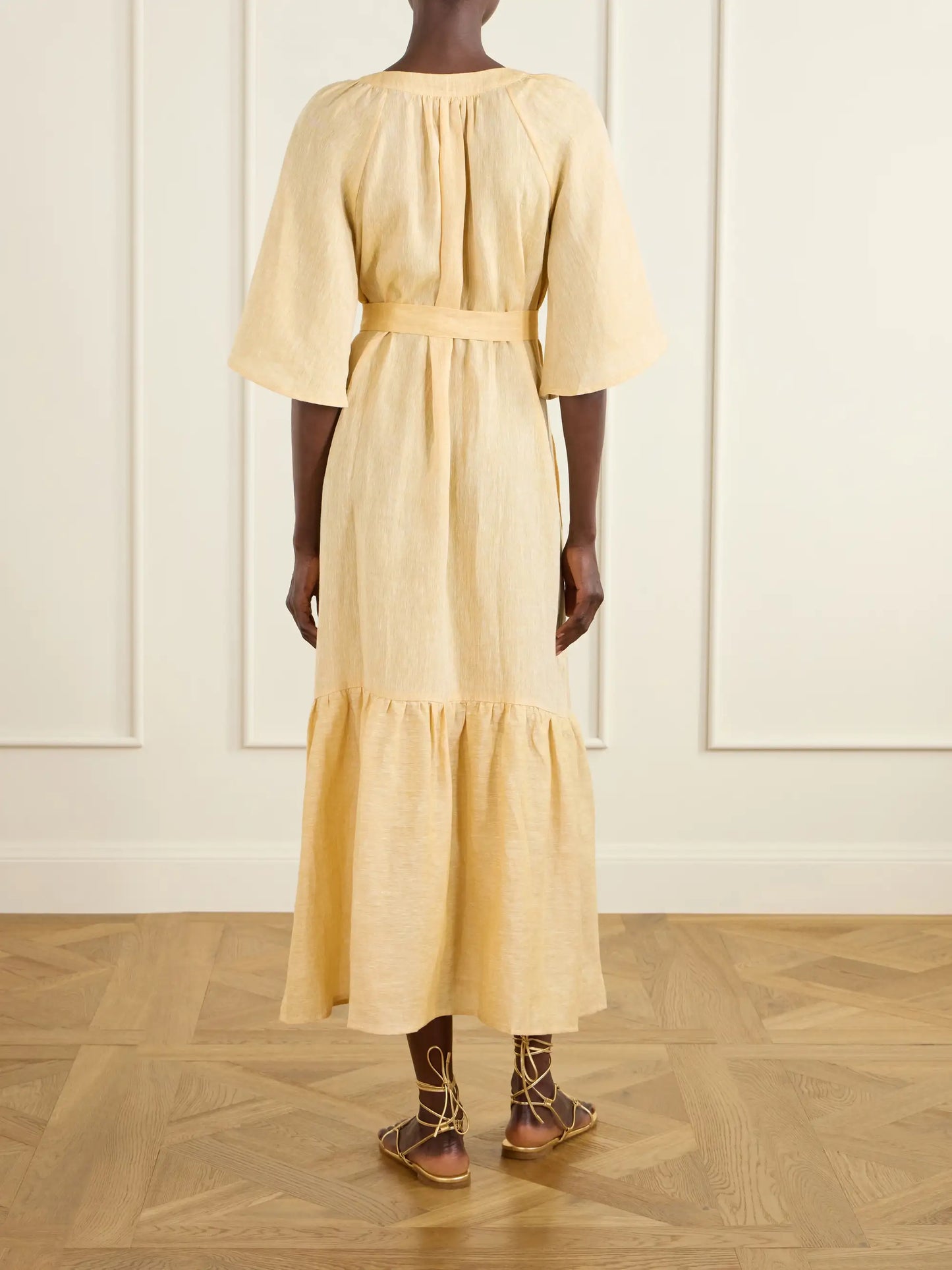 Audacieuse Belted Tiered Linen Midi Dress