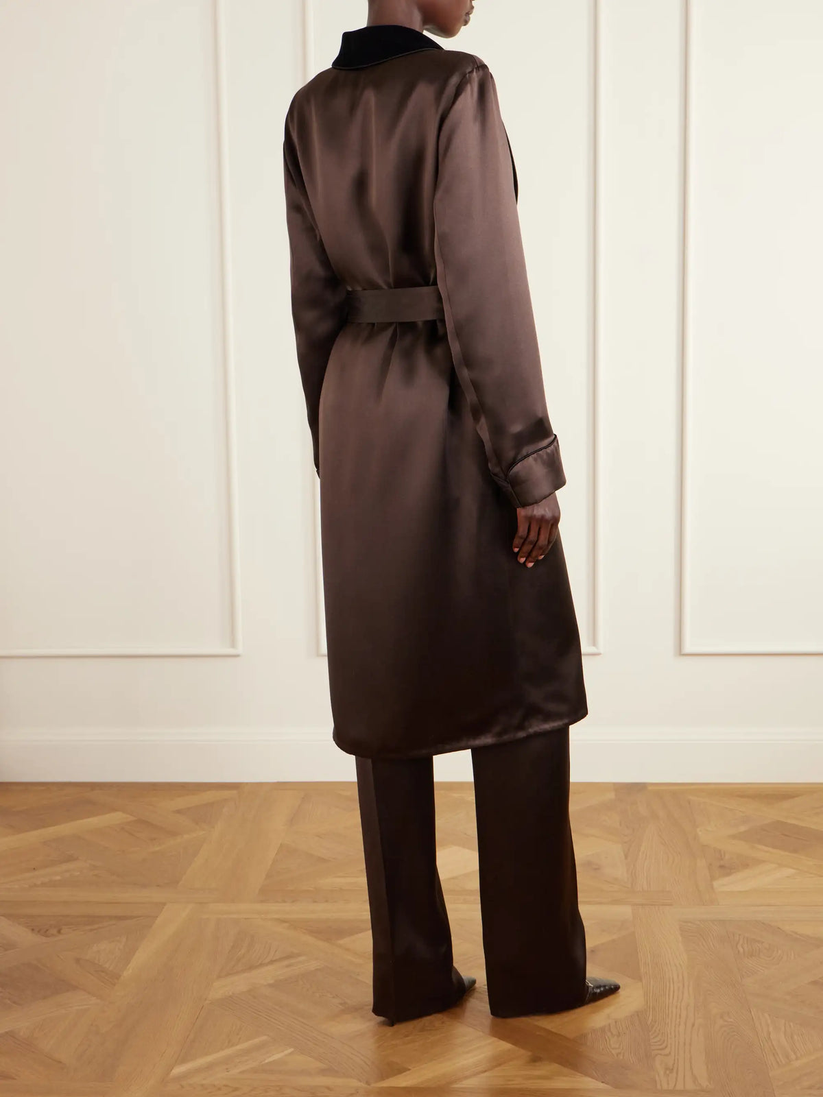 TOM FORD Belted Velvet-trimmed Silk-satin Coat