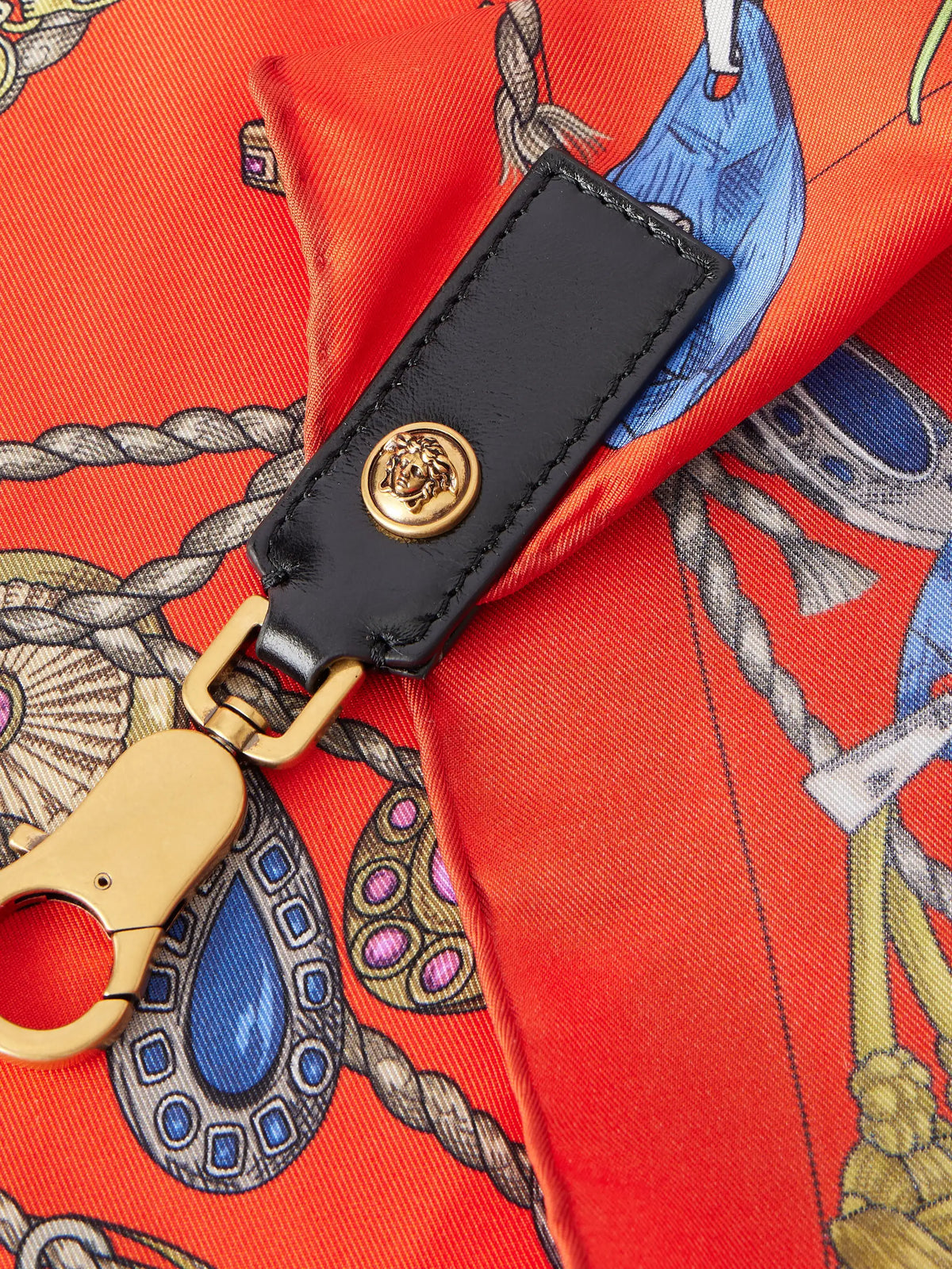 Medusa-embellished Leather-trimmed Printed Silk-twill Bag Strap
