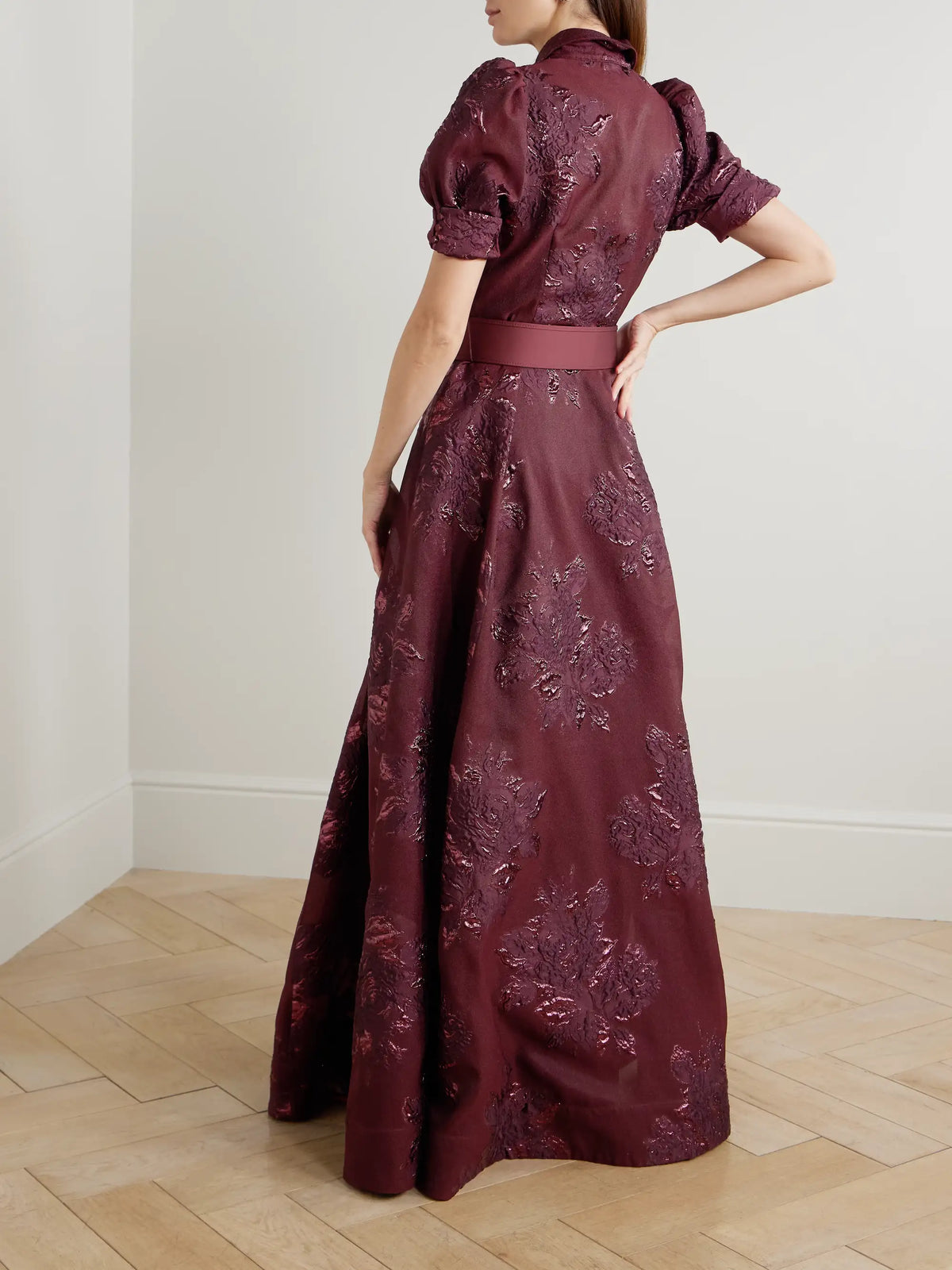 Rebecca Vallance Arlette Belted Metallic Cloqué Gown