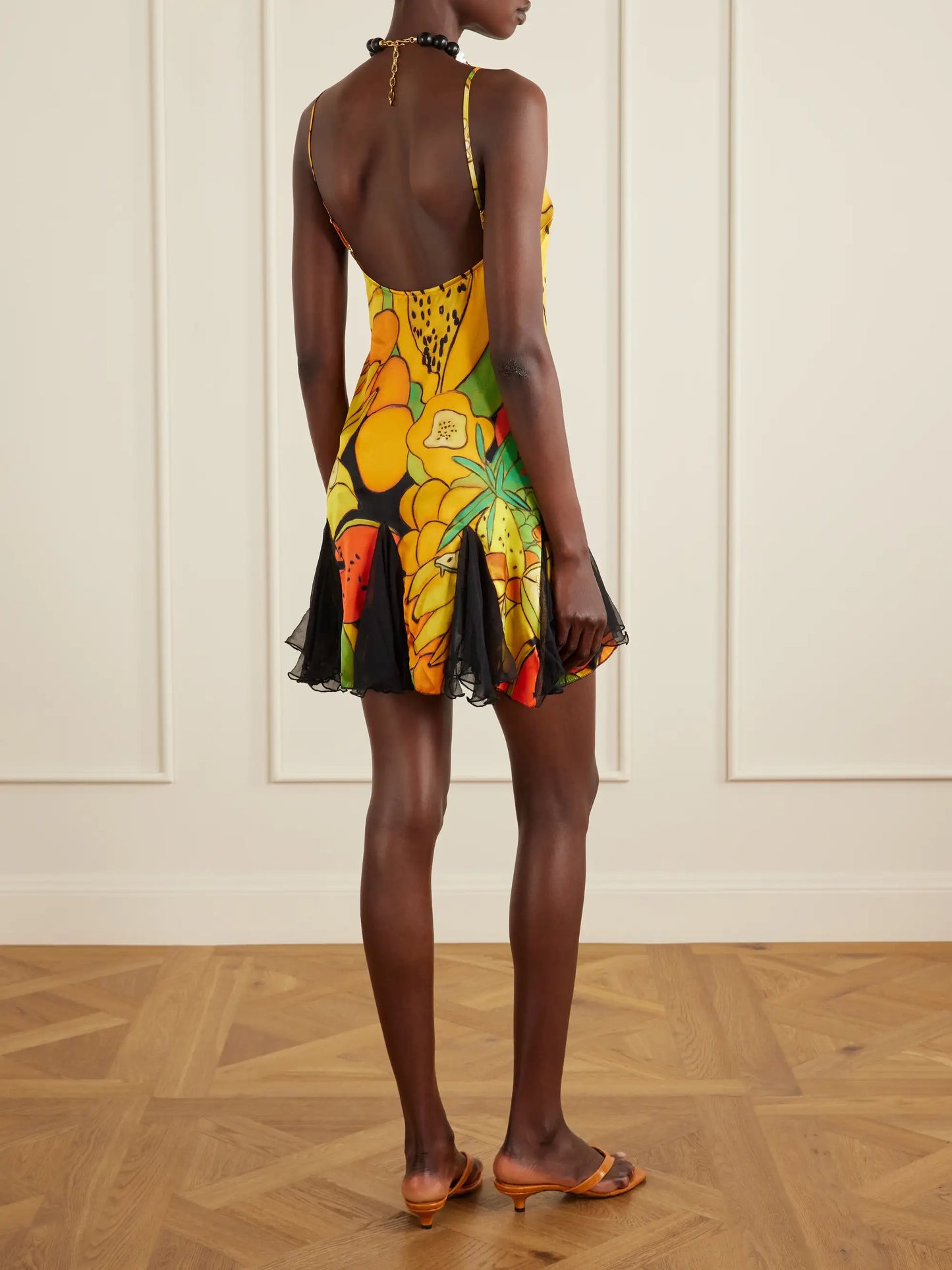 Frutas Ruffled Lace-trimmed Printed Silk-blend Satin And Chiffon Mini Dress