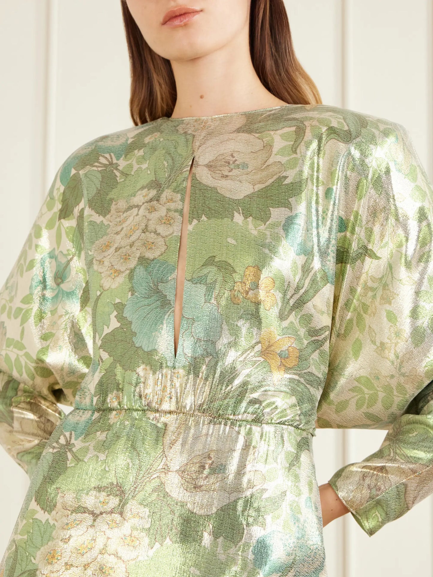 Cut-out Floral-print Silk-blend Lamé Midi Dress