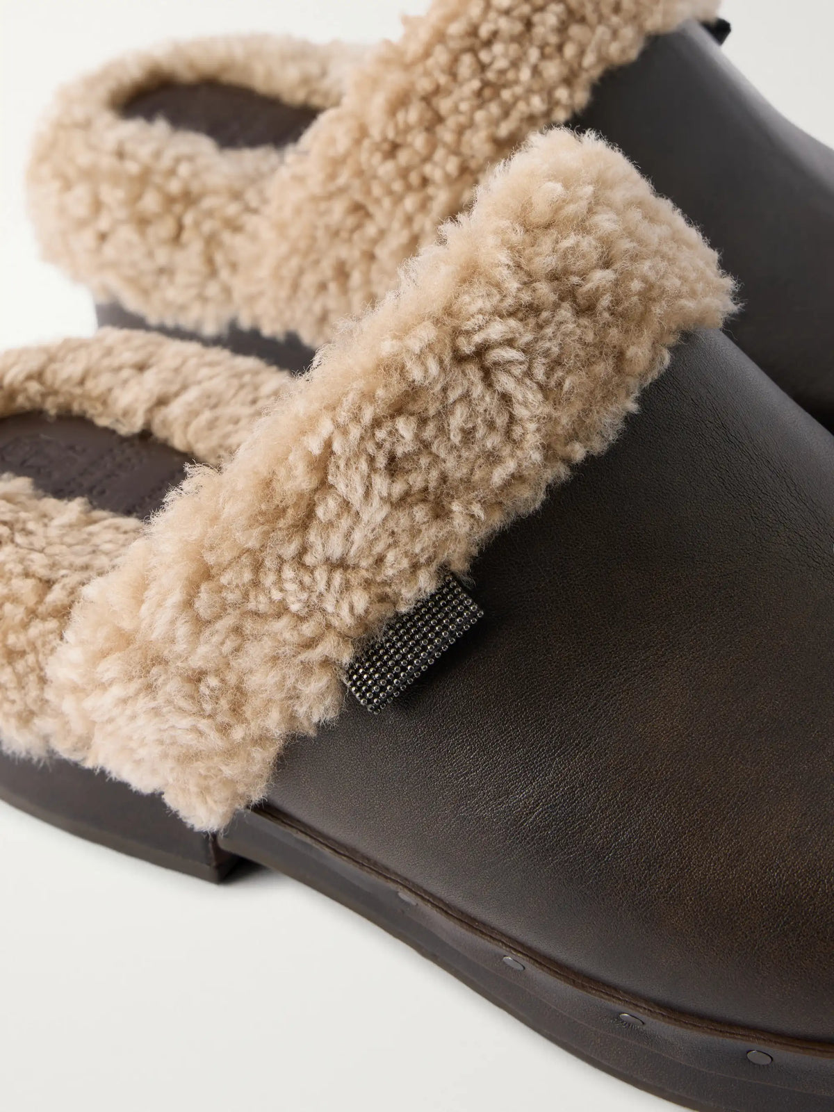 Brunello Cucinelli Monili-embellished Shearling-trimmed Leather Clogs