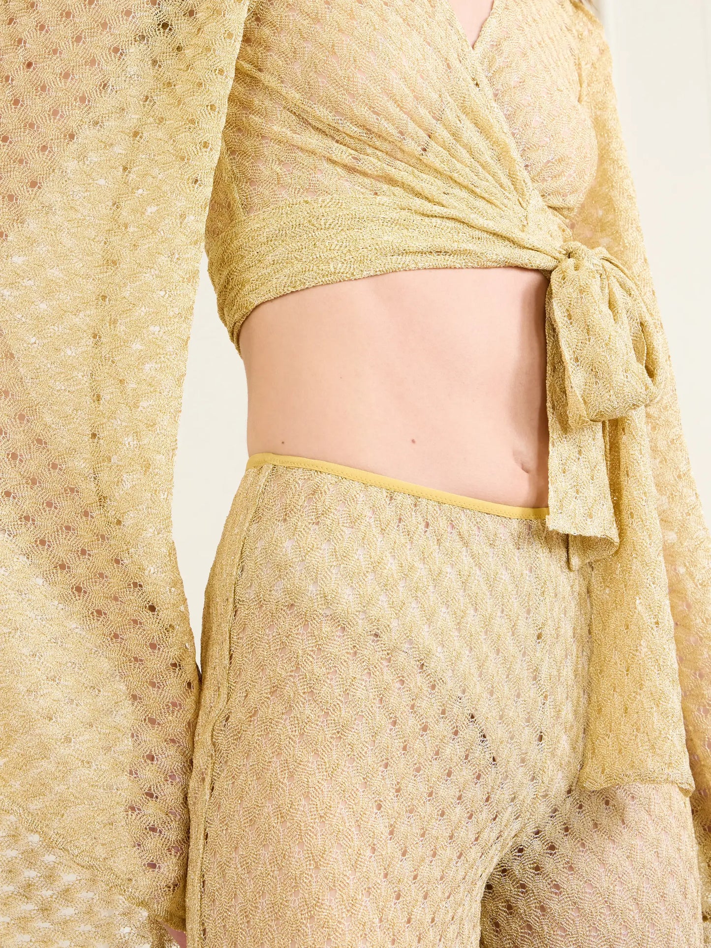 Cropped Metallic Crochet-knitted Wrap Top