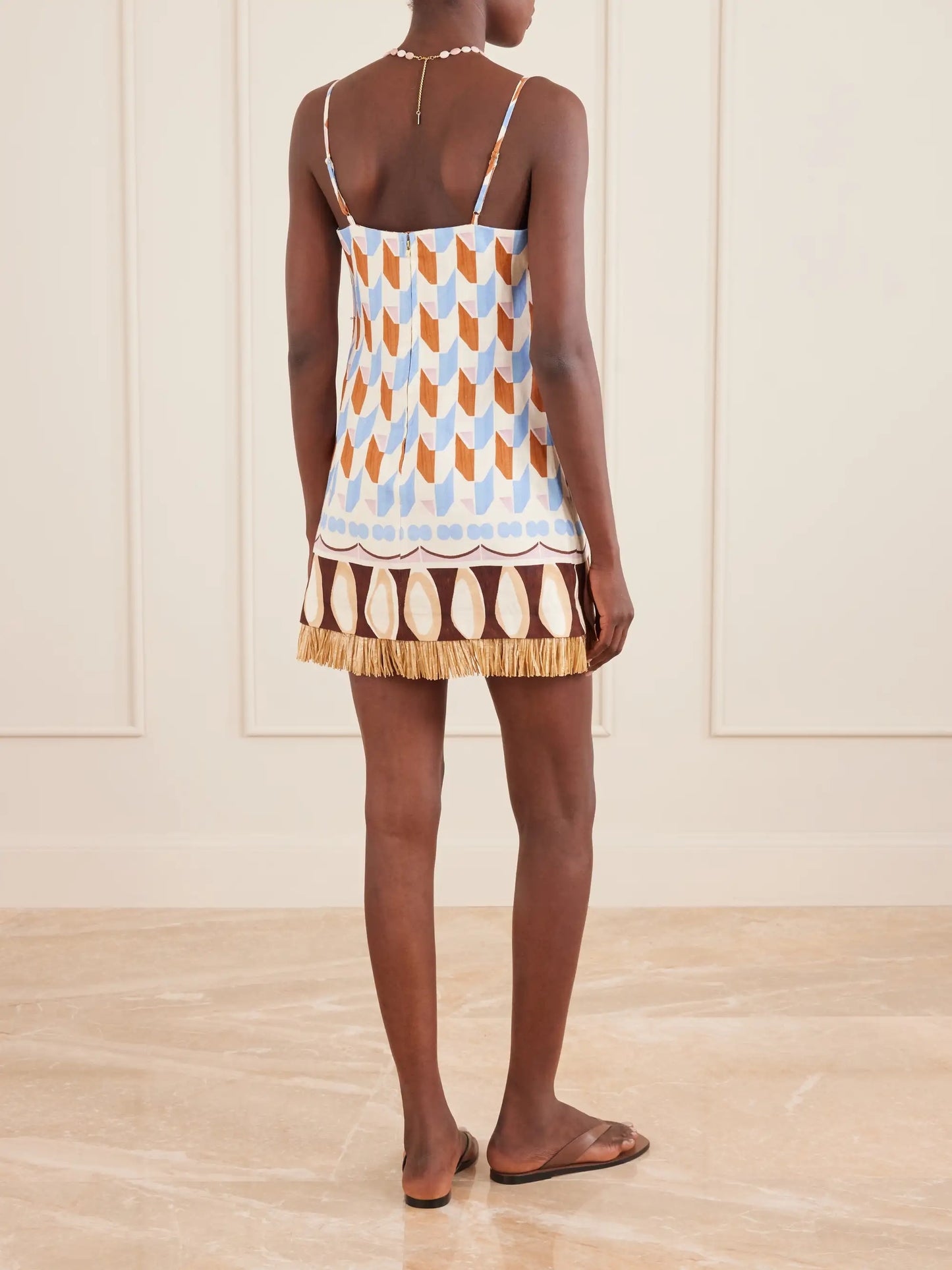 Valencia Printed Fringed Linen Mini Dress