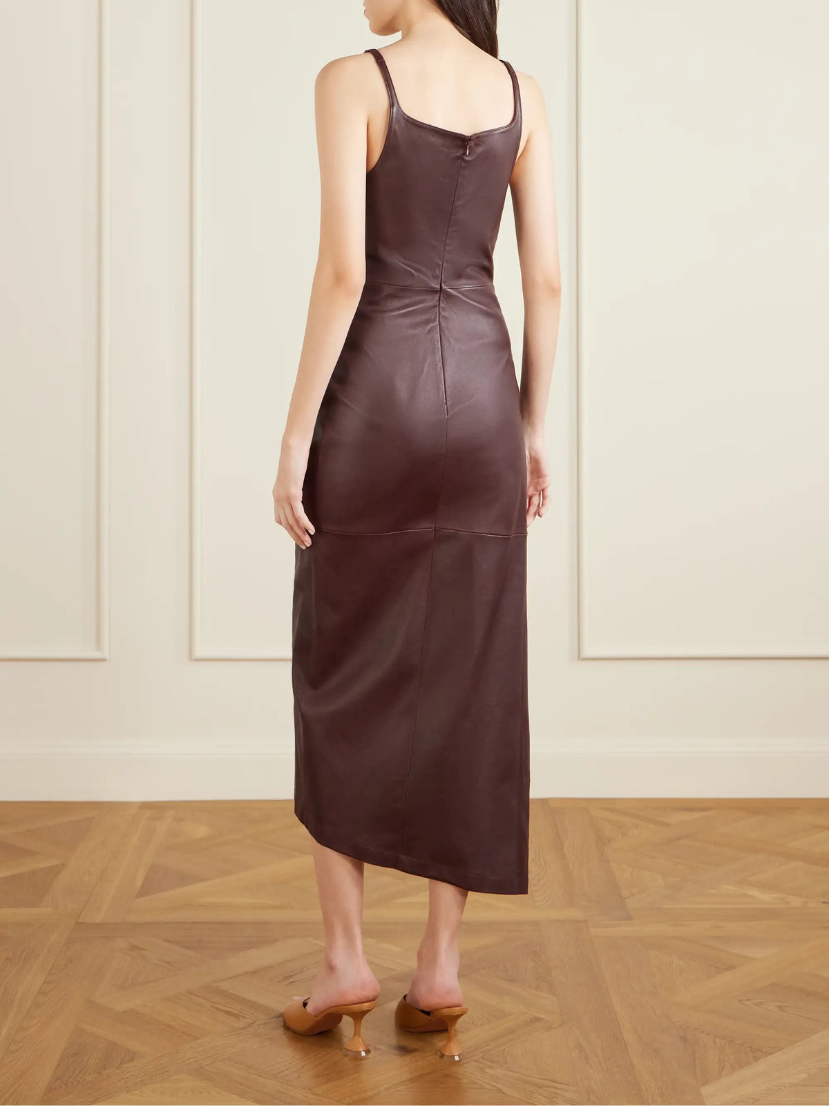 Asymmetric Ruched Leather Midi Dress