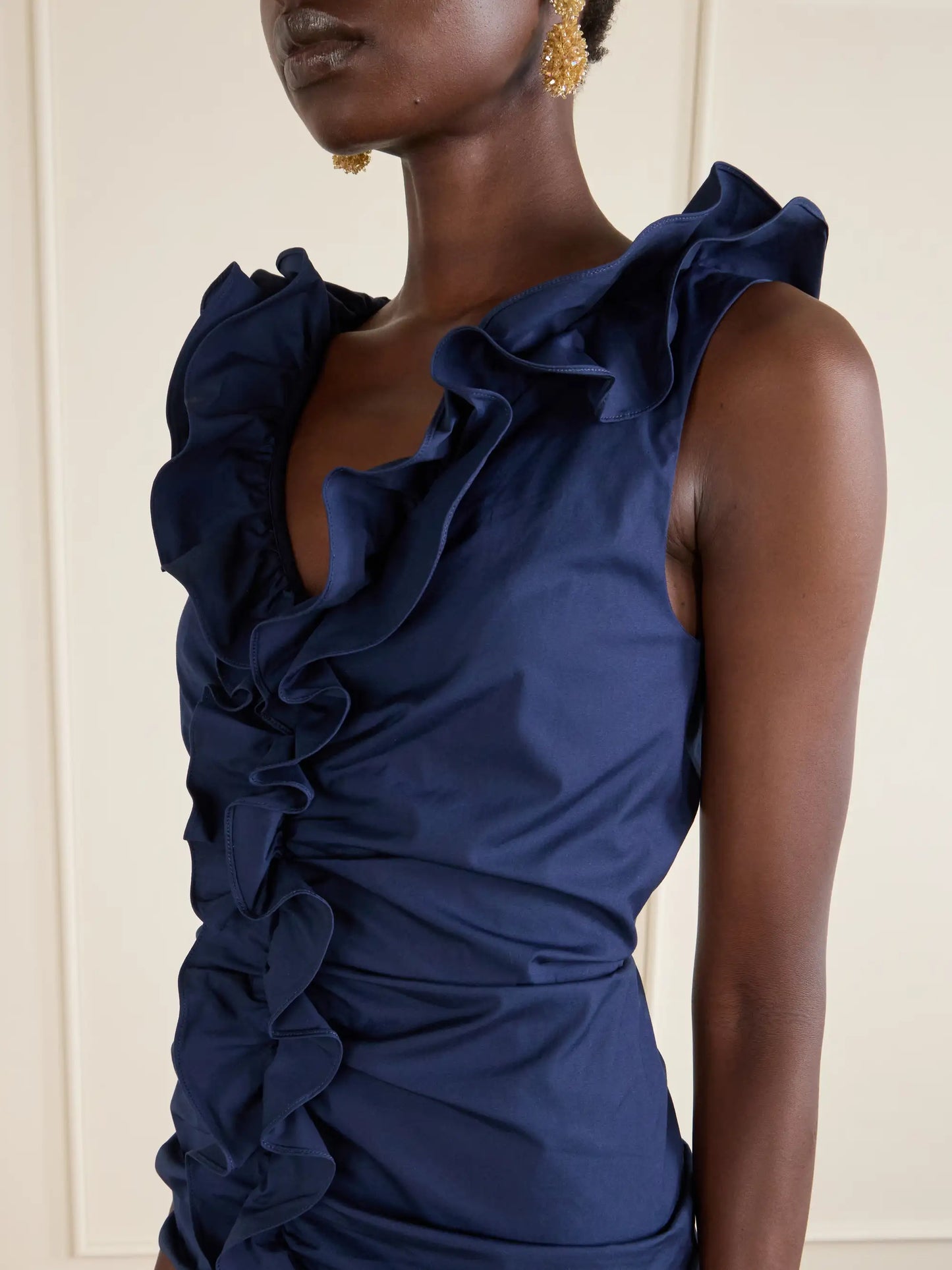 Ruched Ruffled Cotton-blend Midi Dress