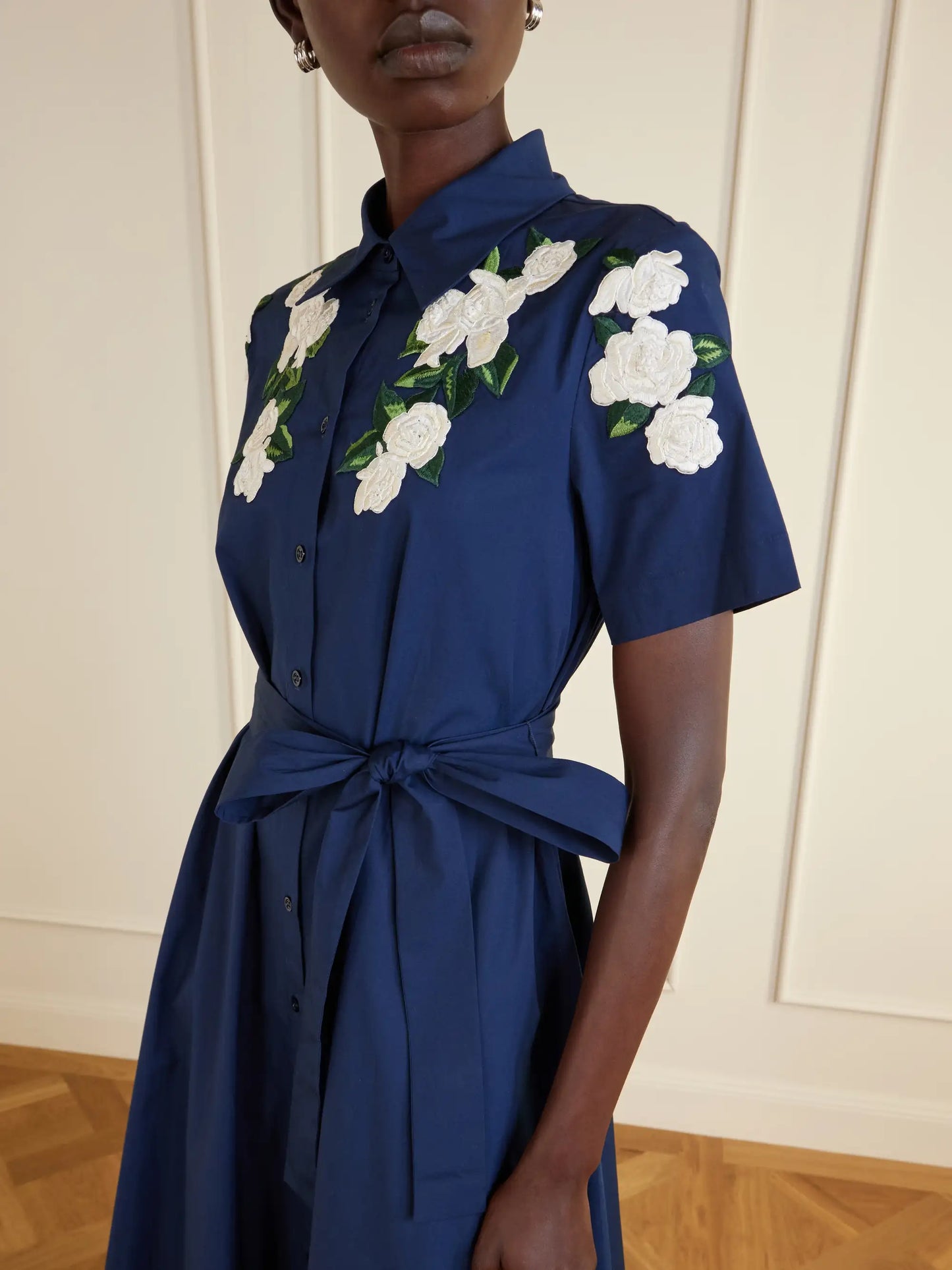 Belted Floral-embroidered Cotton-blend Midi Dress