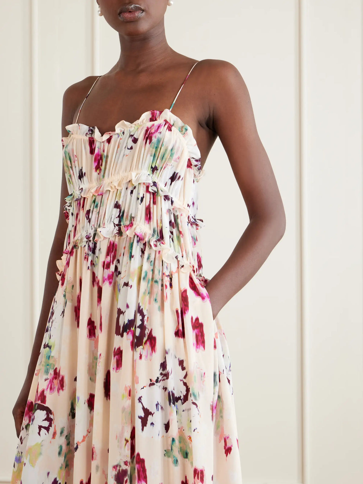 Ulla Johnson Clove Floral-print Ruched Silk Maxi Dress