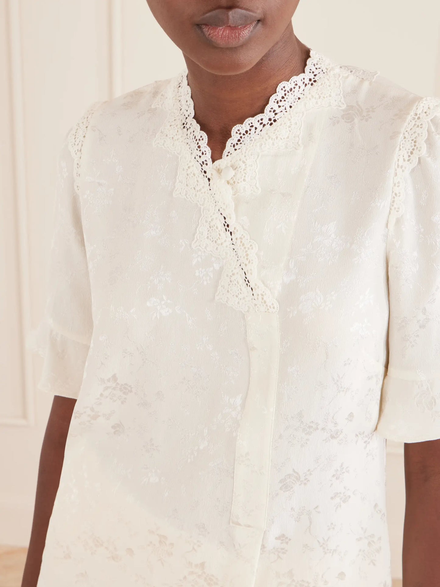 Margarita Mesh And Crochet-trimmed Floral-jacquard Silk-crepe Blouse