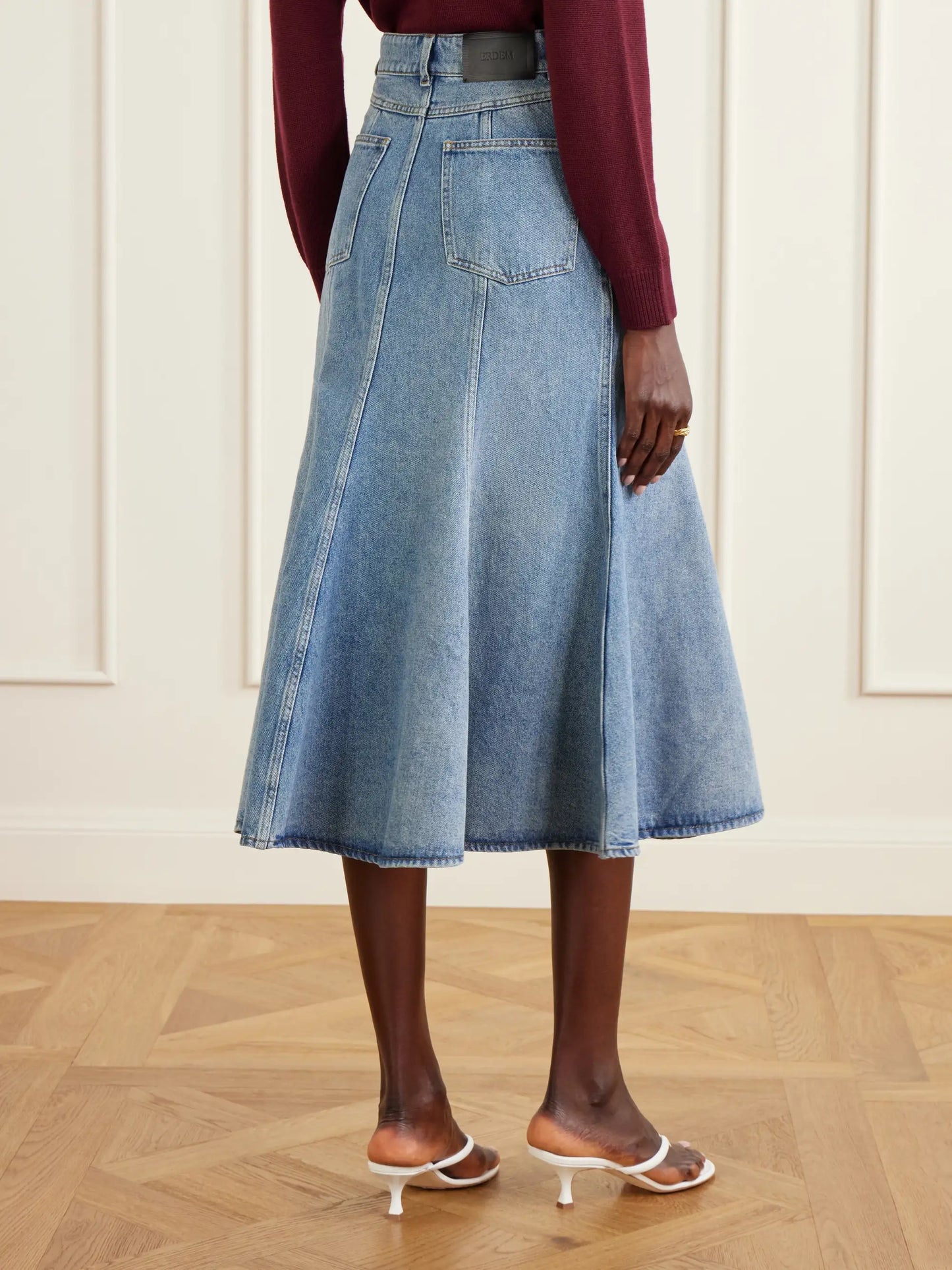 Embroidered Paneled Denim Midi Skirt