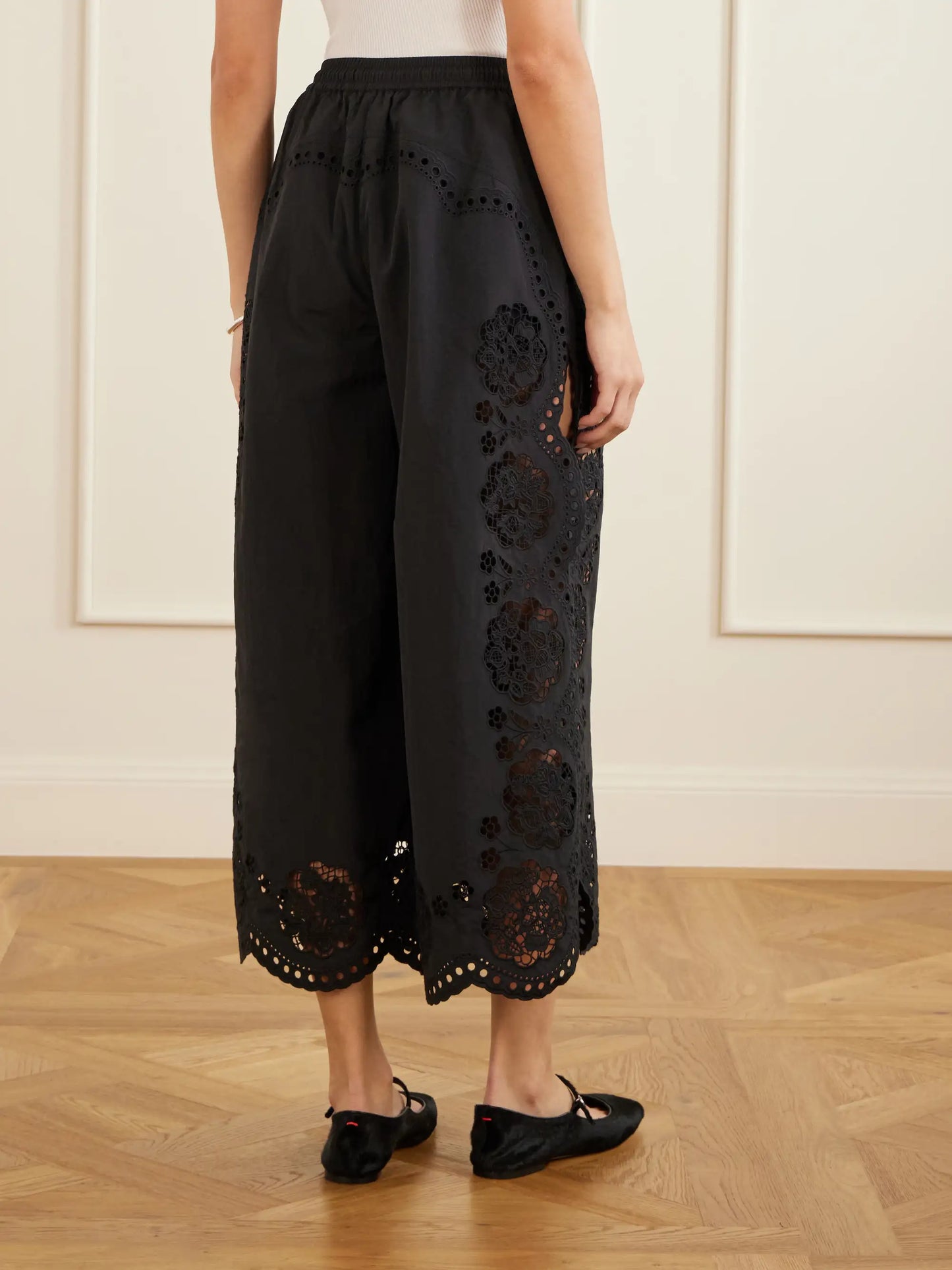 Vittoria Broderie Anglaise-trimmed Shell Wide-leg Pants