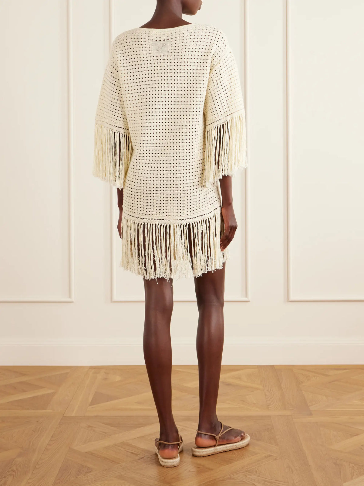 Indra Fringed Crocheted Cotton Mini Dress