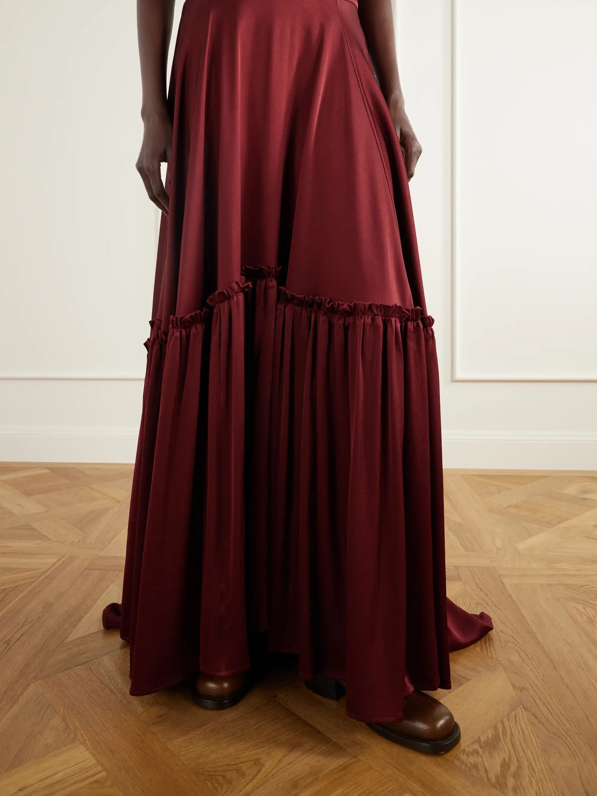 Giuliva Heritage The Margot Ruffled Tiered Satin Maxi Skirt