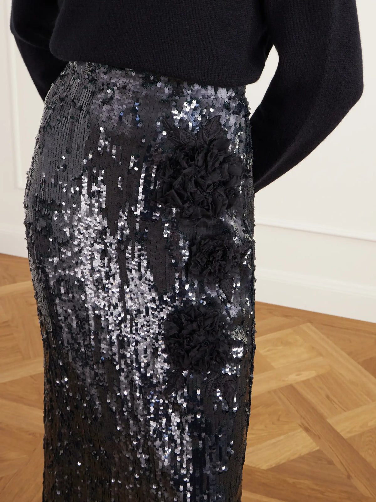 Erdem Floral-appliqué Sequined Crepe De Chine Midi Skirt