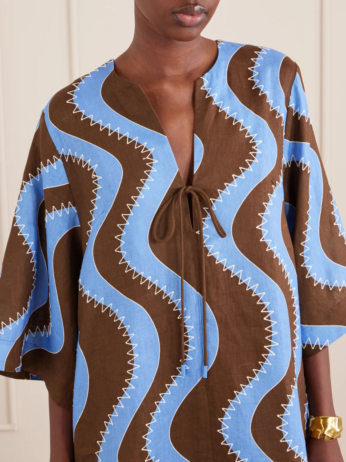 Tie-detailed Embroidered Linen Midi Dress