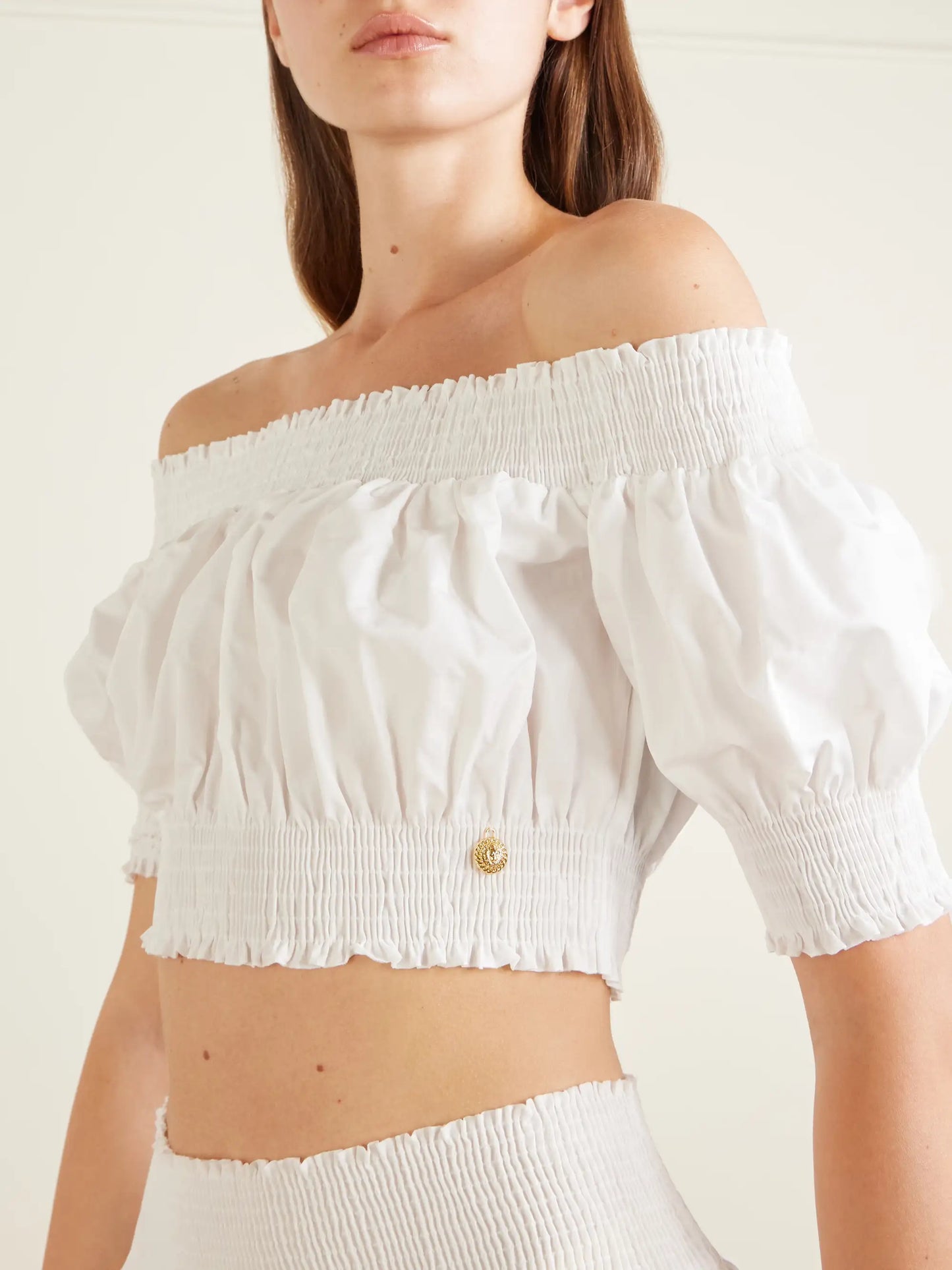 Embellished Cropped Off-the-shoulder Cotton-poplin Top