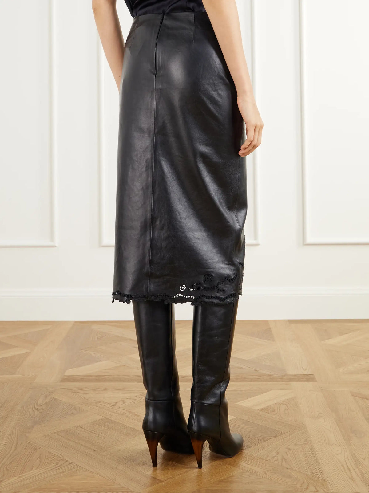 ISABEL MARANT Fulsa Asymmetric Broderie Anglaise-detailed Leather Midi Skirt