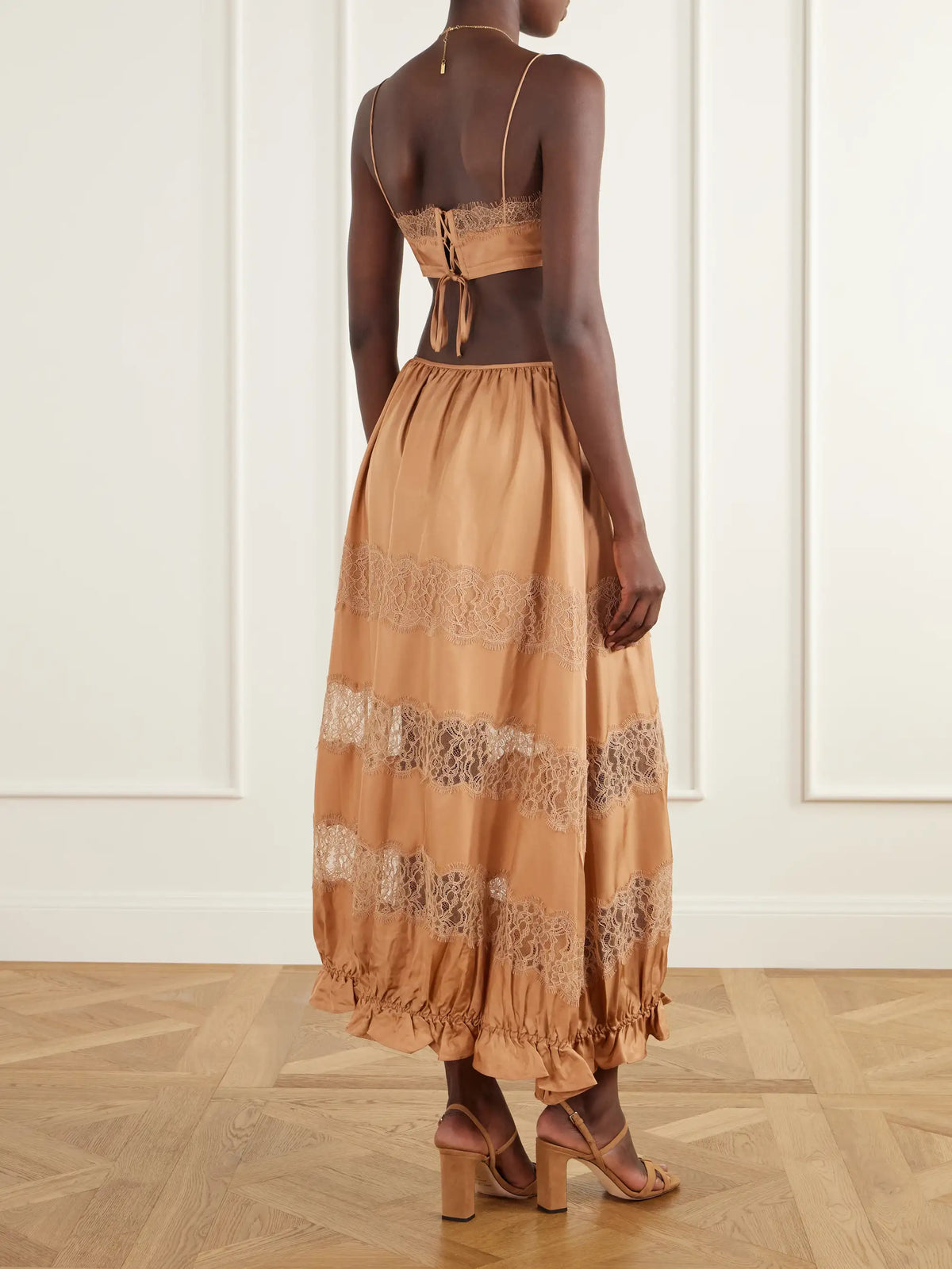 Ulla Johnson Chantal Tiered Gathered Lace-trimmed Silk-charmeuse Midi Skirt