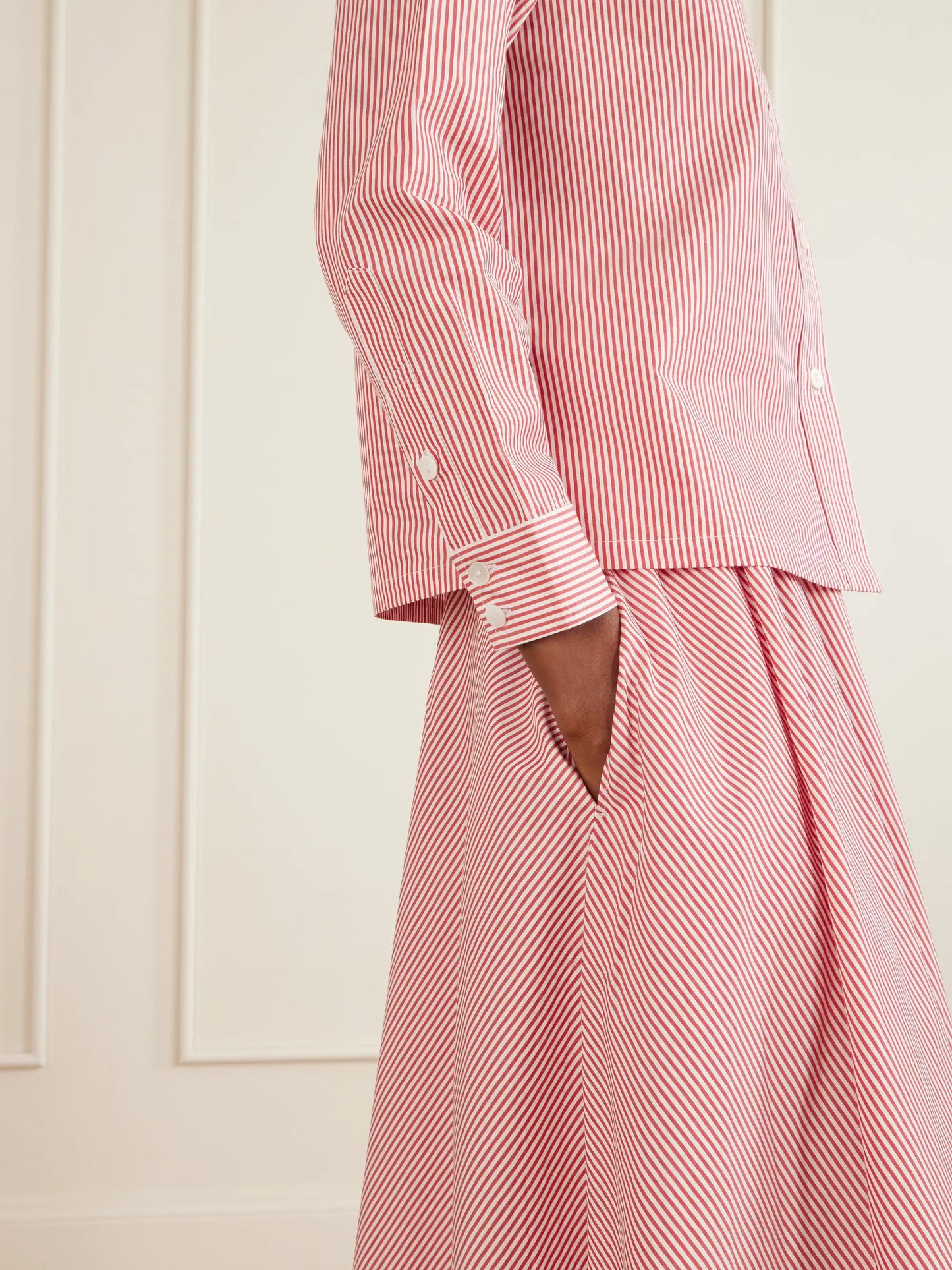Kyria Shirred Striped Cotton-poplin Midi Skirt