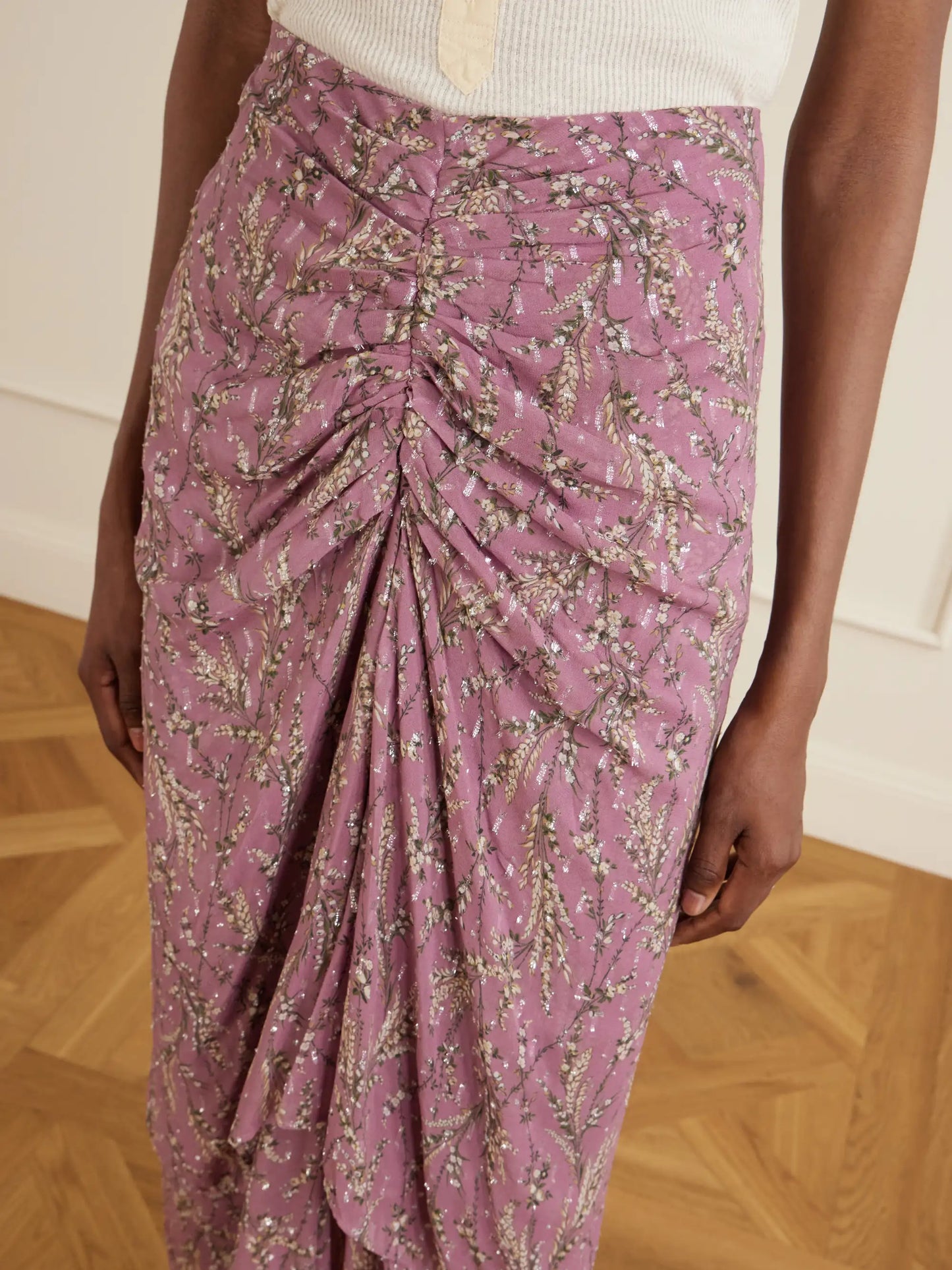 Sira Ruffled Floral-print Metallic Maxi Skirt