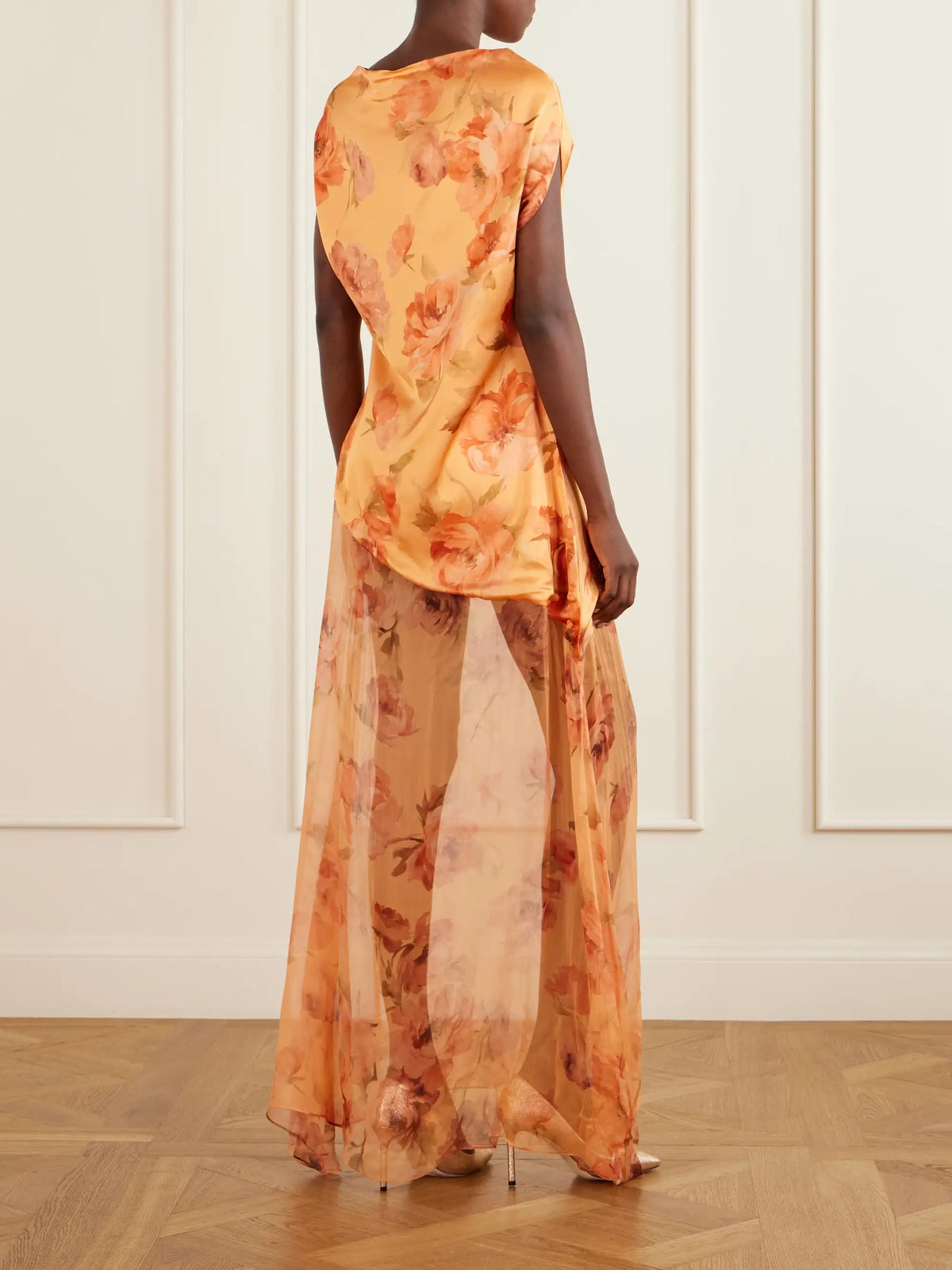 Floral-print Chiffon-trimmed Satin Gown