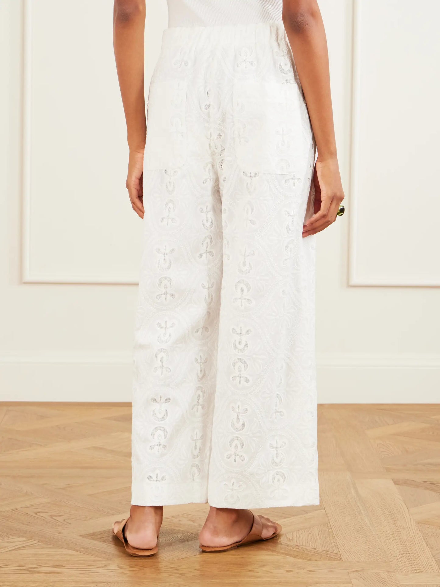 Nynette Floral-embroidered Cotton-blend Wide-leg Pants