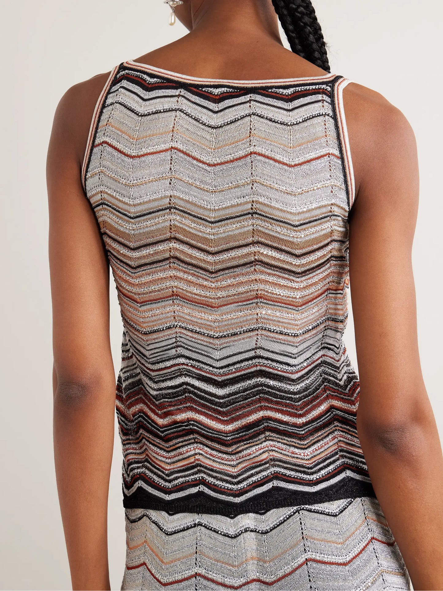 Sequin-embellished Striped Metallic Crochet-knit Tank