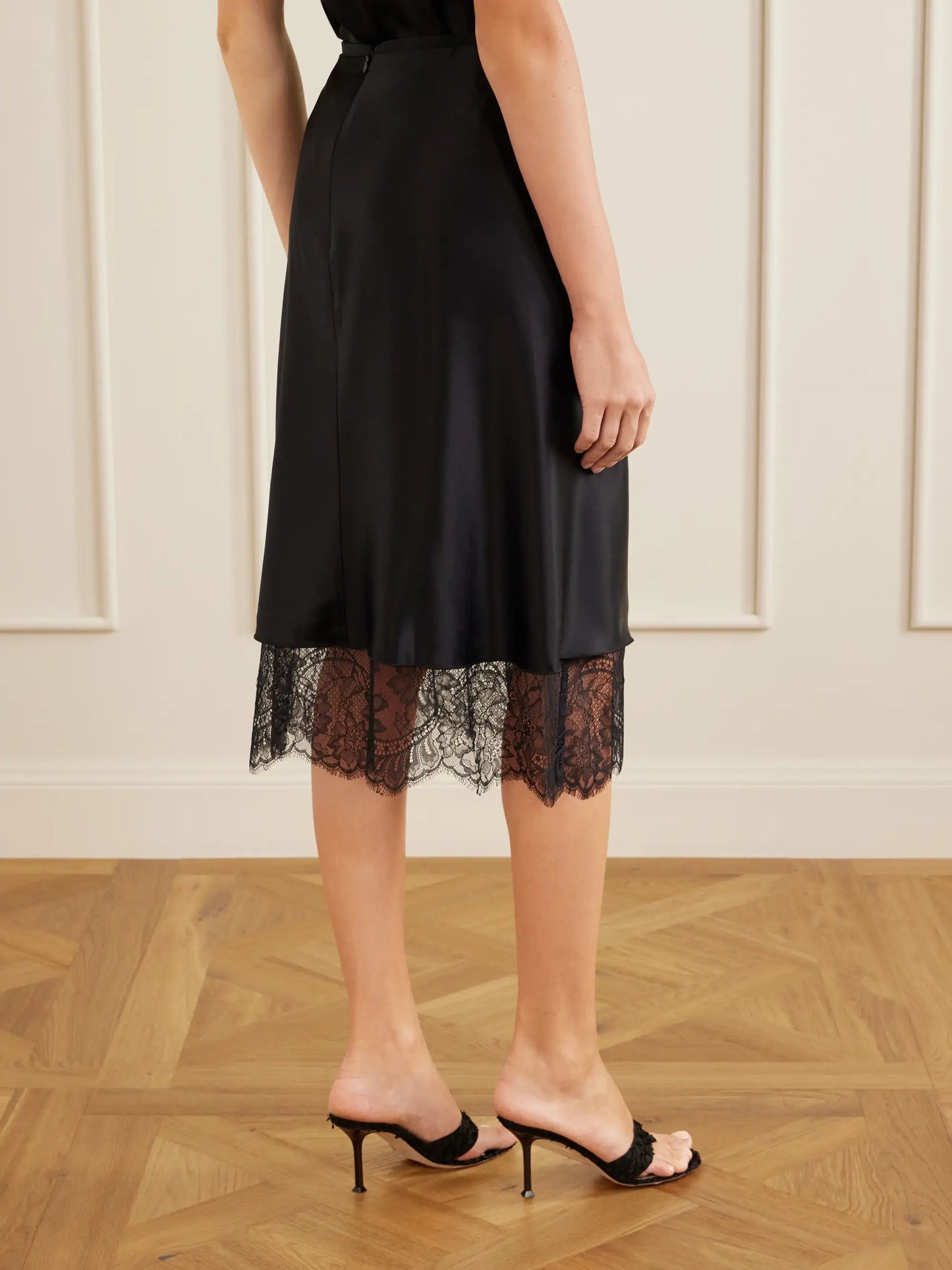 Ingrid Lace-trimmed Ruched Satin Midi Skirt