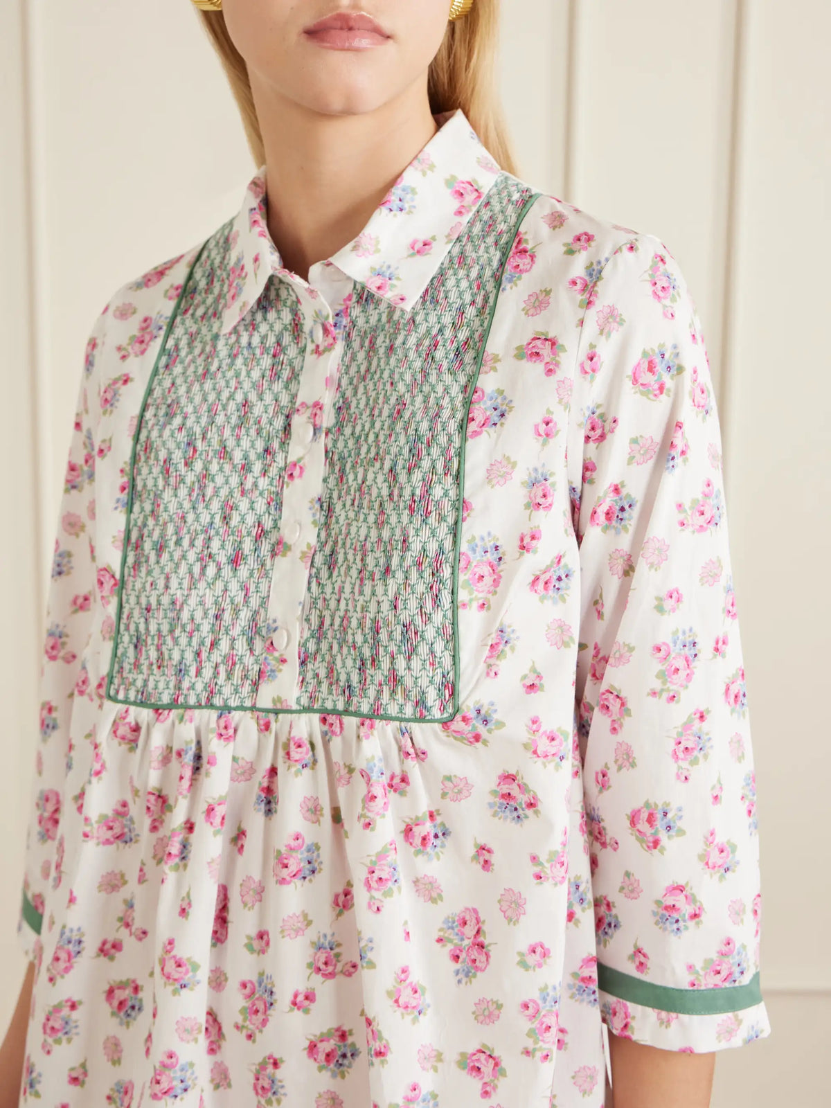 Loretta Caponi Alassio Shirred Embroidered Floral-print Cotton-poplin Mini Dress