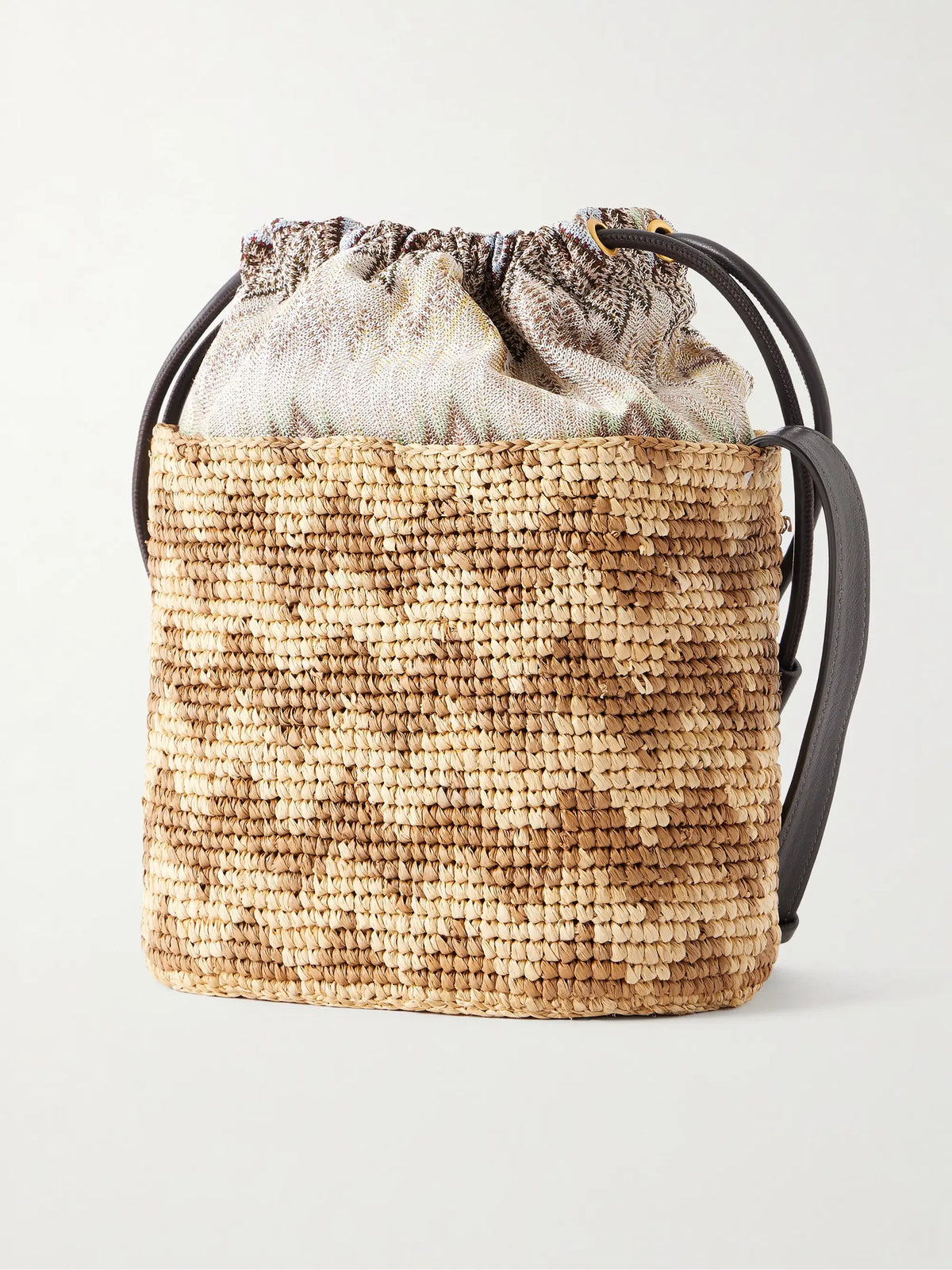 Small Striped Leather-trimmed Raffia Bucket Bag