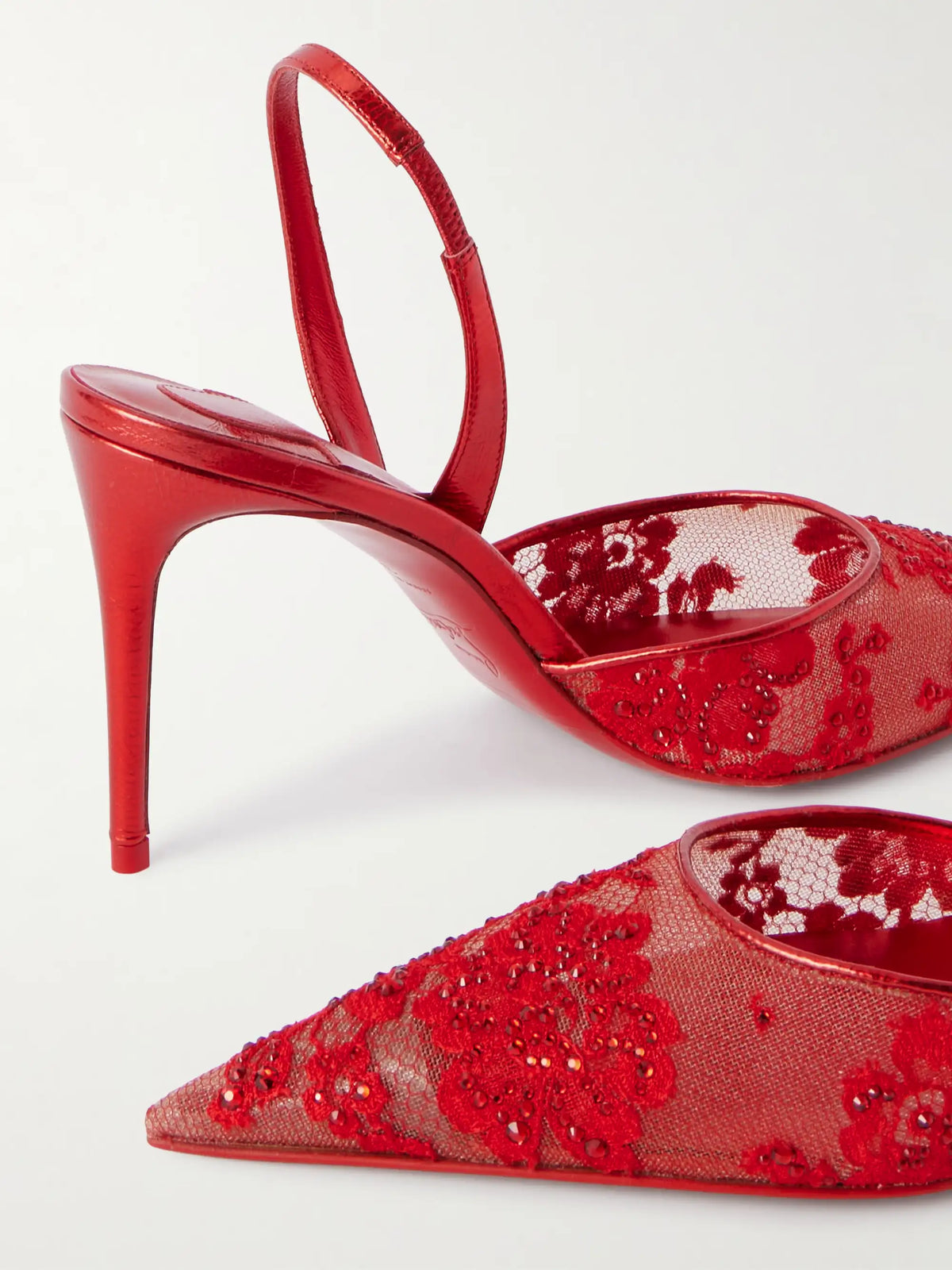 Kate Max Metallic Leather-trimmed Crystal-embellished Lace Slingback Sandals