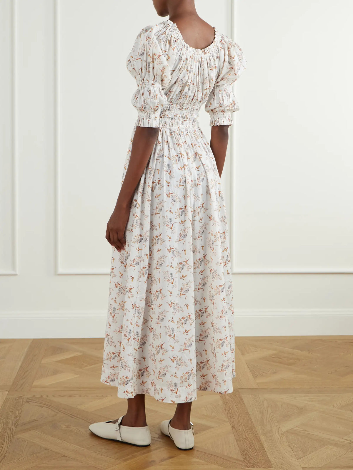 DÔEN Ischia Floral-print Gathered Organic Cotton-voile Midi Dress