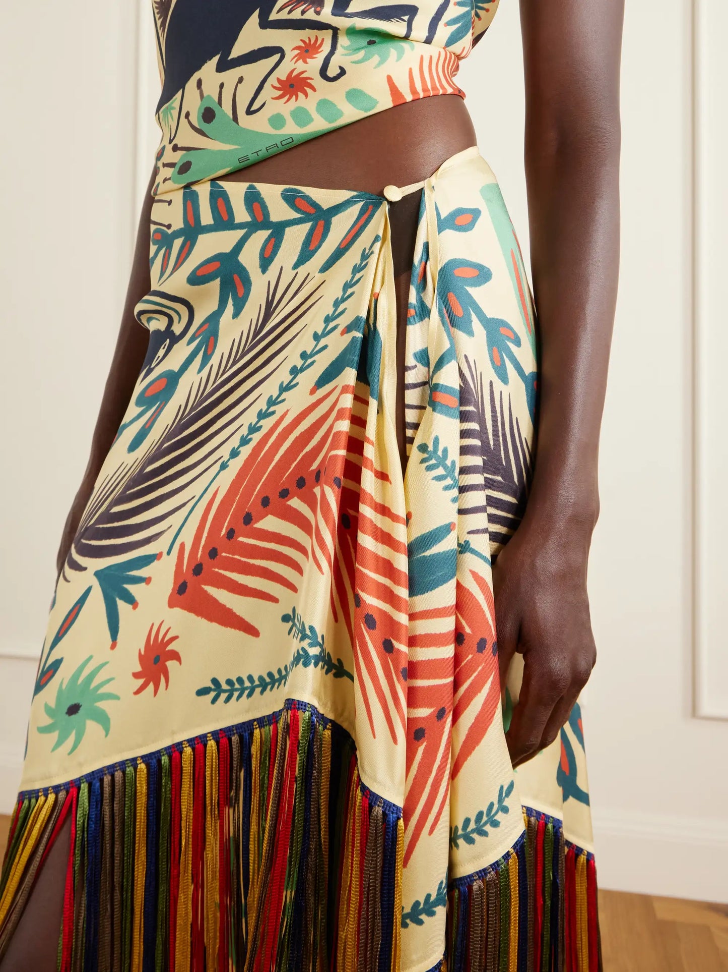 Asymmetric Fringed Printed Silk-twill Mini Skirt