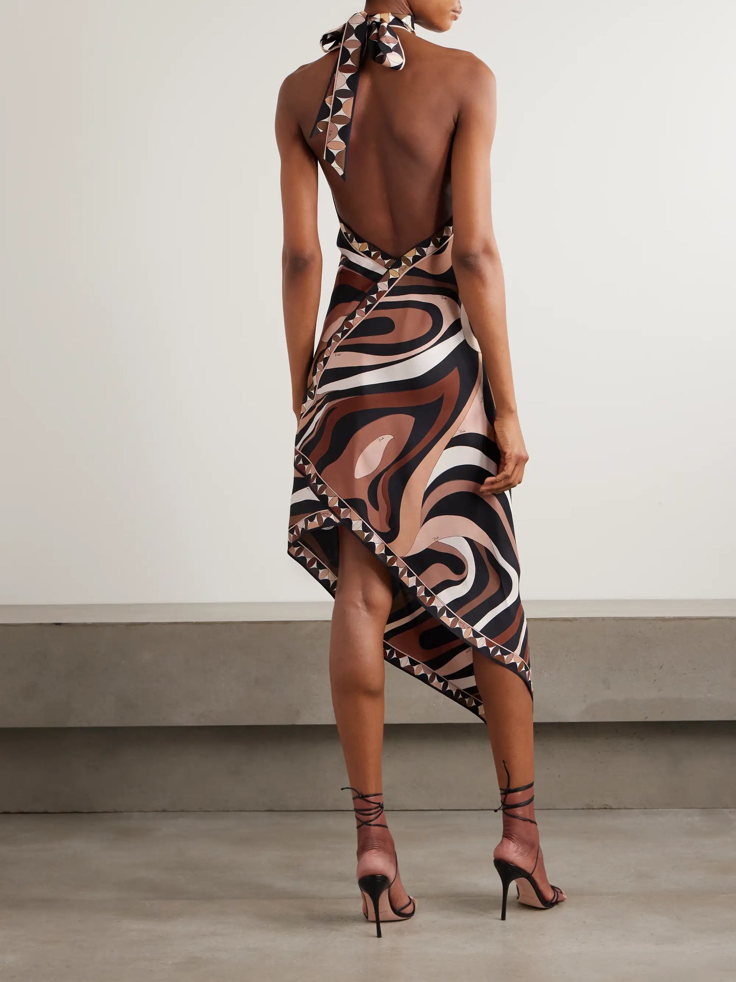 Marmo Asymmetric Printed Silk-twill Halterneck Dress