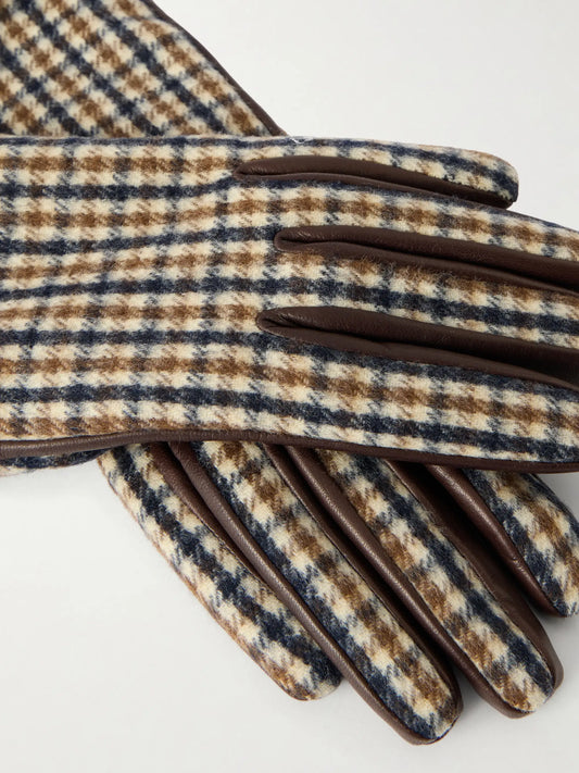 Checked Wool And Leather Gloves