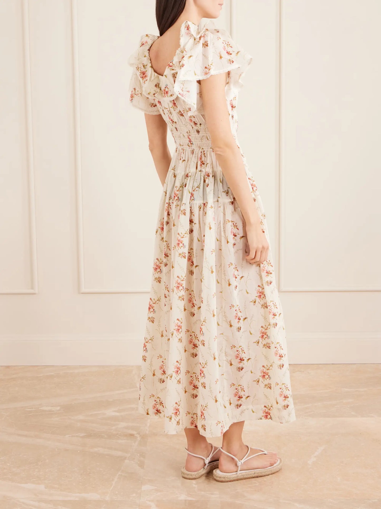 Illiana Lace-trimmed Shirred Floral-print Organic Cotton Dress