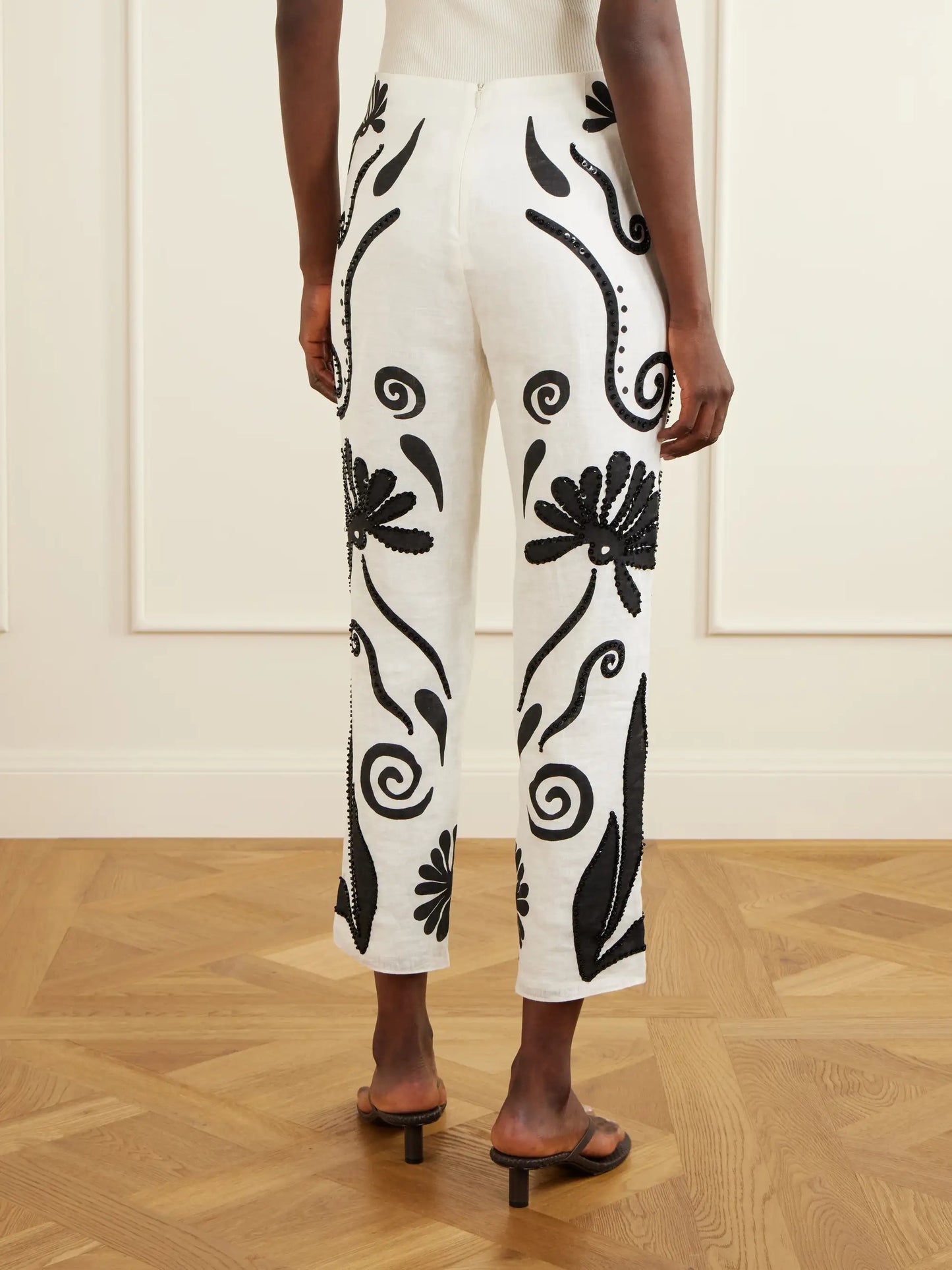Sylvie Cropped Sequin-embellished Printed Linen Tapered Pants