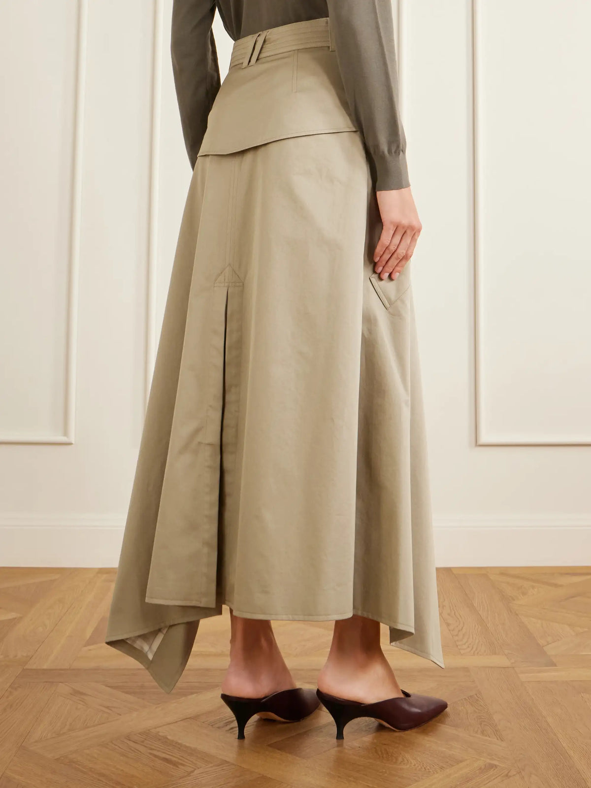 Burberry Heather Belted Asymmetric Cotton-gabardine Midi Skirt