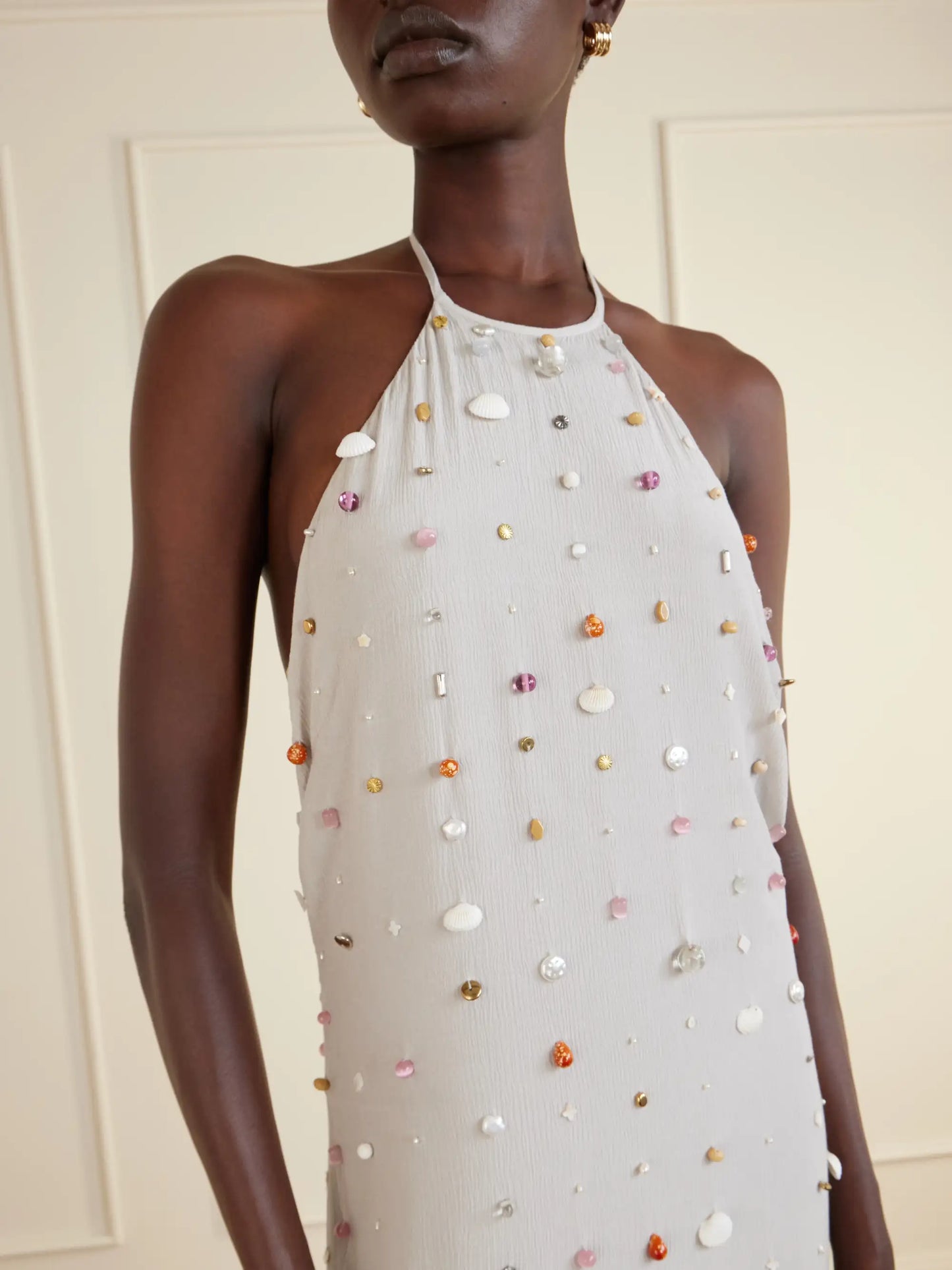 Francine Pearl-embellished Crinkled-shell Halterneck Dress