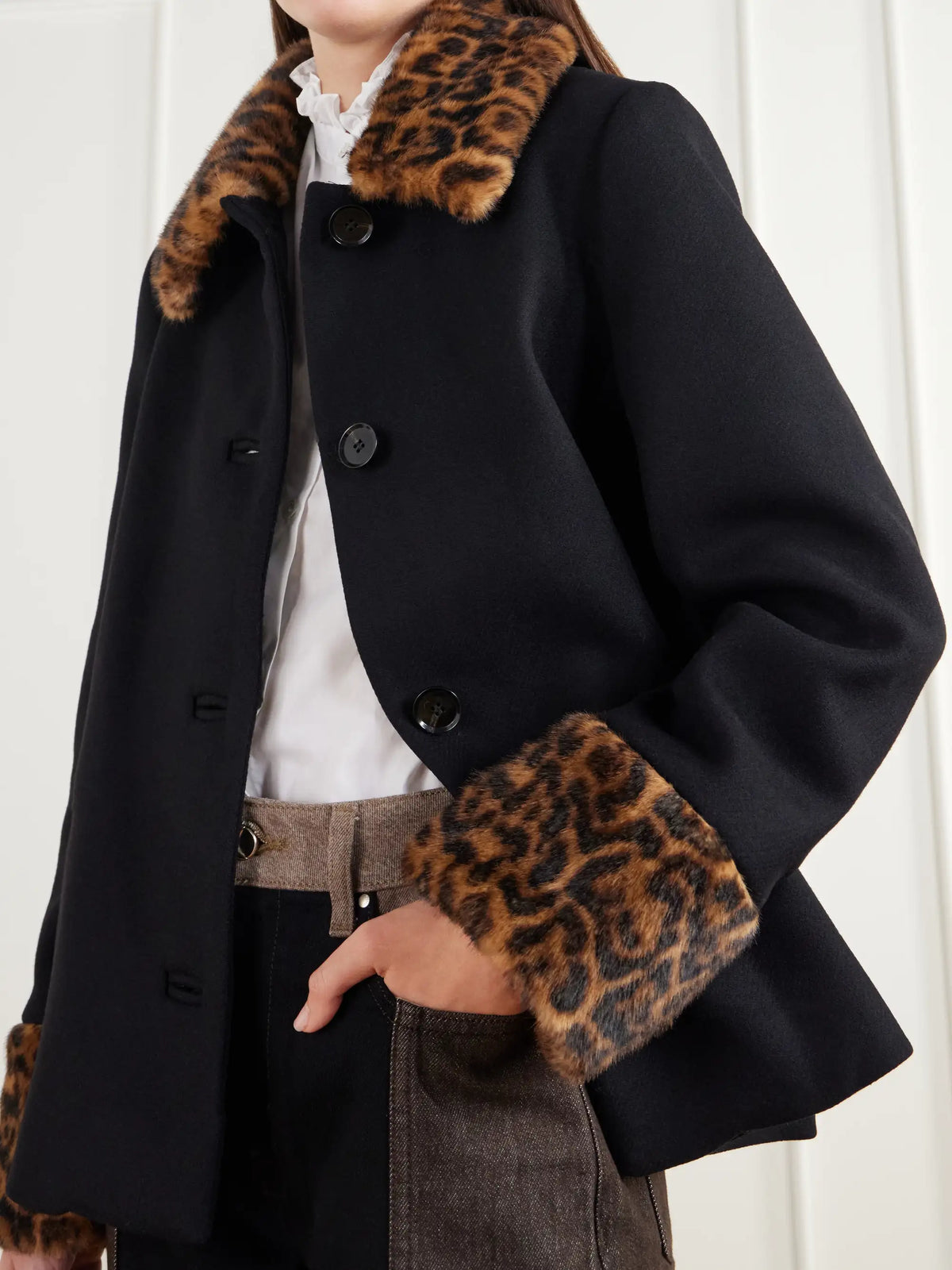 RIXO Aldith Leopard Plush-trimmed Melton Wool-blend Jacket